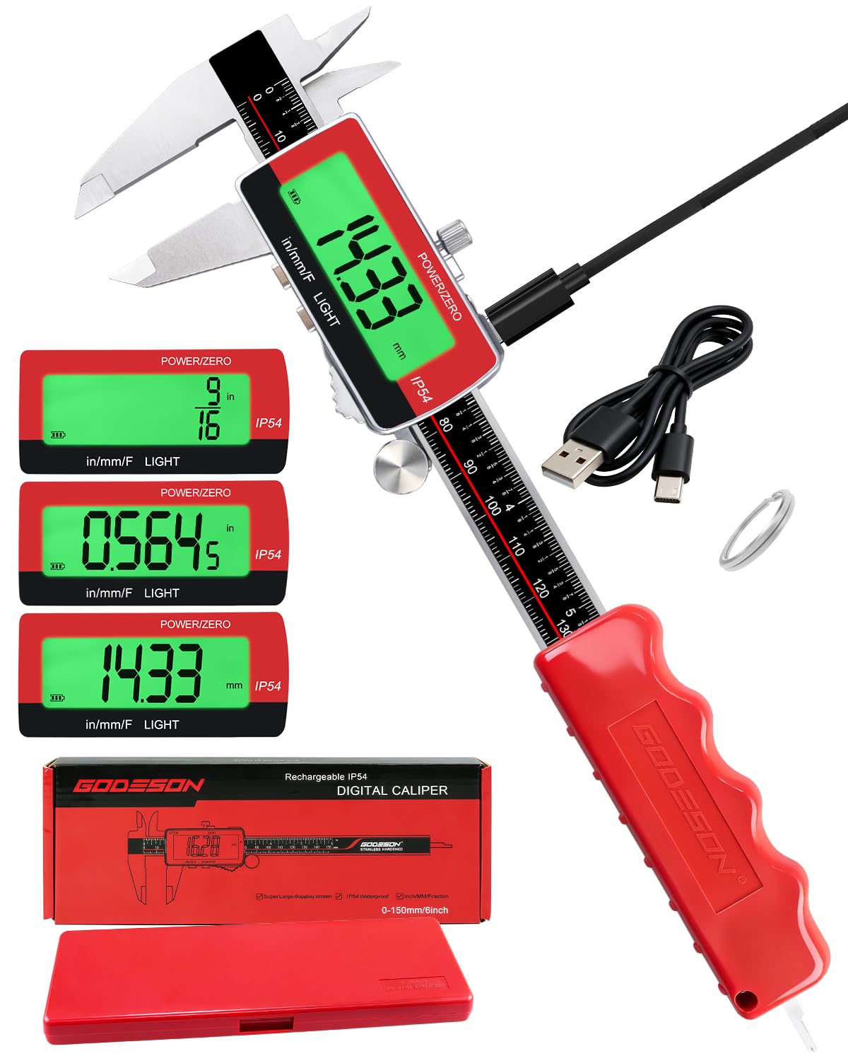 GODSEON 6" Digital Caliper, USB-C Rechargeable Backlight LCD ±0.001" Accuracy, Inch/mm/Fraction Units 5 Modes Auto-Off, Stainless Steel Calipers for DIYers Woodworkers Jewelers, 3D Printing