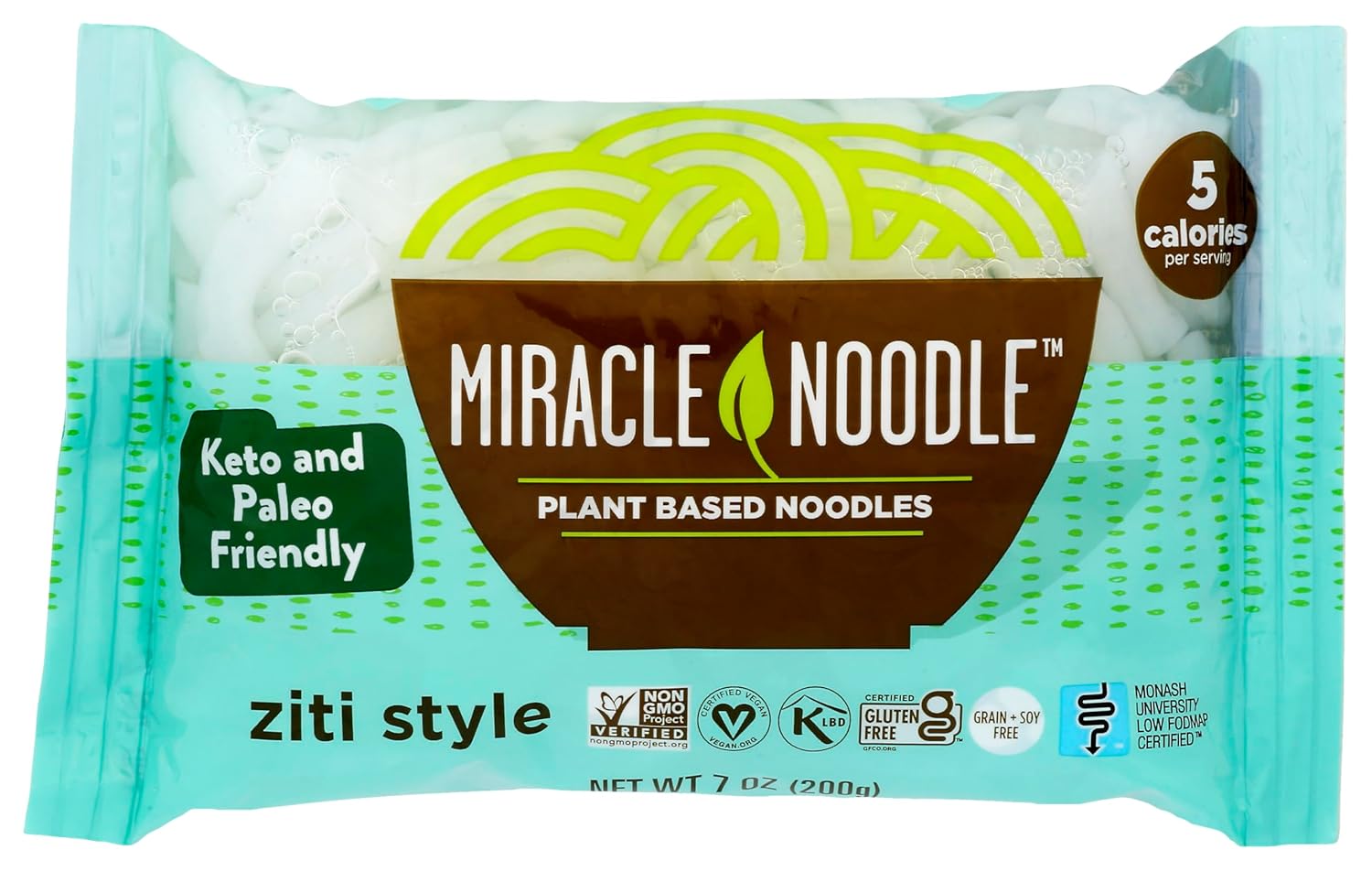 Miracle Noodle Ziti Pasta, 7 Oz (Pack of 6), Plant Based Shirataki Konjac Noodles, 5 Calories, 1g Net Carbs Per Serving, Keto, Gluten-Free