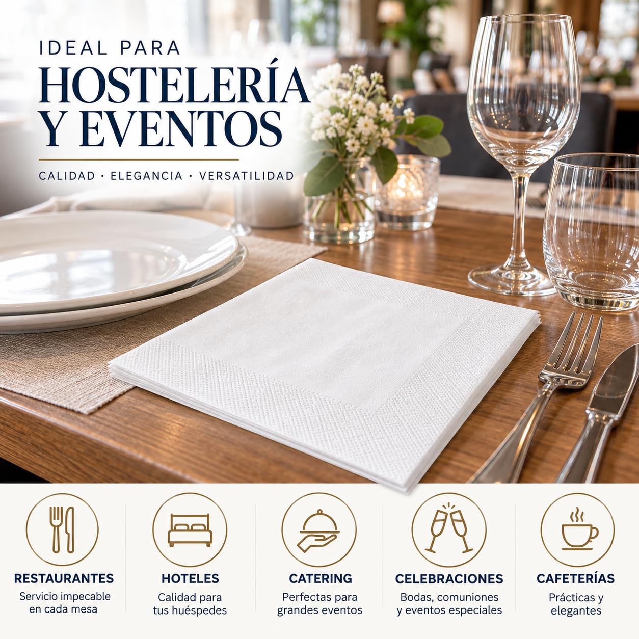 Servilletas de Papel 40x40 Blancas - 2 Capas 100% Celulosa - Plegado 1/4 - Uso Profesional Hostelería, Restaurantes y Eventos