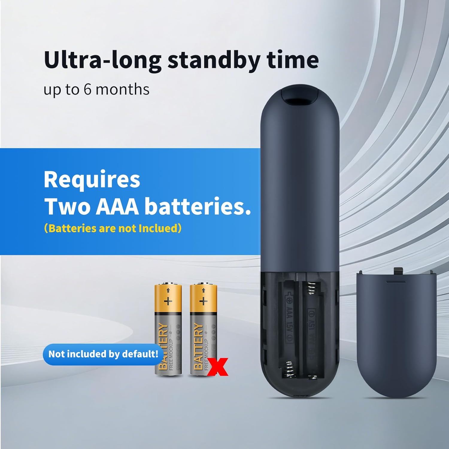Illustration showing the battery compartment of the ZWP Replacement Remote Control and the insertion of two AAA batteries.