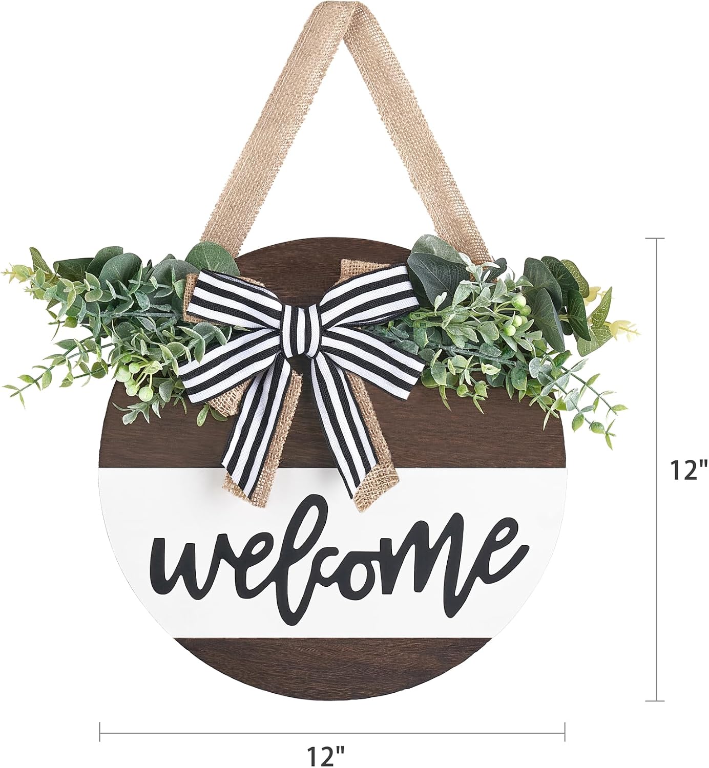 Dahey Rustic Welcome Sign with Artificial Eucalyptus Front Door Decor Round Wood Hanging Sign Farmhouse Porch Decorations for Home Outdoor Indoor, White,Small
