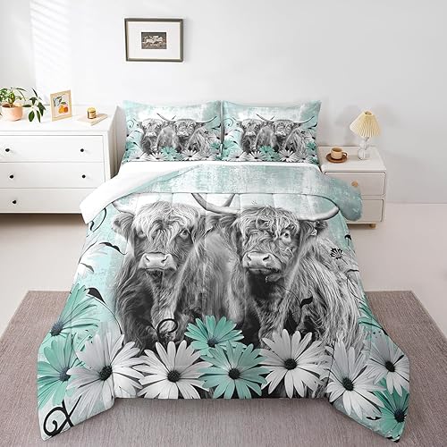 Juego de edredón de vaca Highland para niños y niñas, juego de ropa de cama de ganado de cuerno largo, juegos de ropa de cama de animales de granja