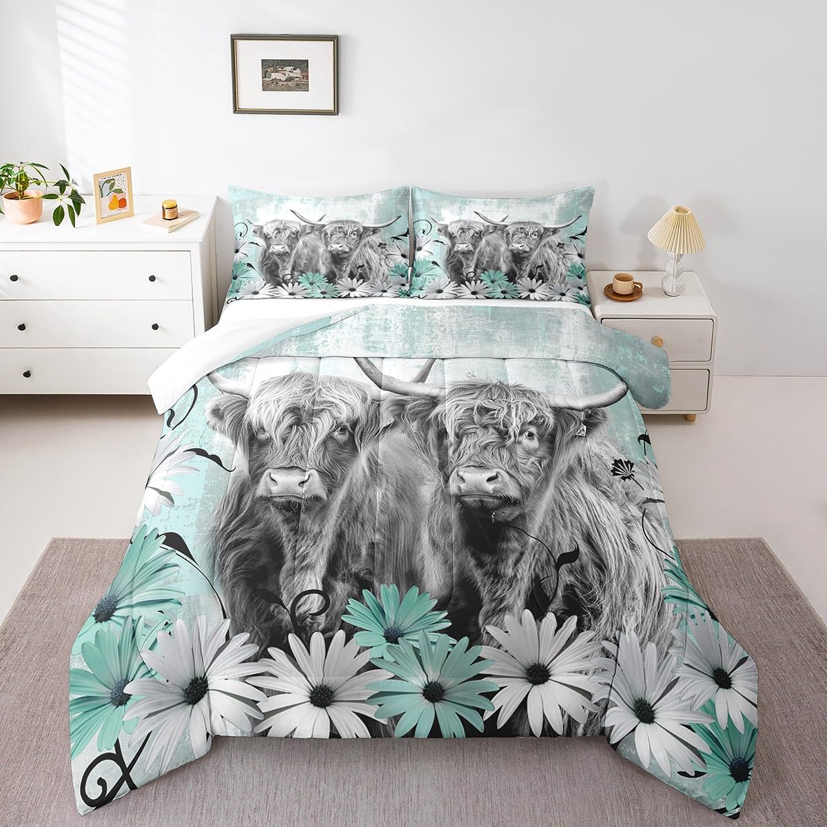 Erosebridal Highland Cow Full Comforter Set,Western Longhorn Bull Bedding Set for Kids Adults,Farm Animal Print Comforter Soft Breathable,Teal Daisy