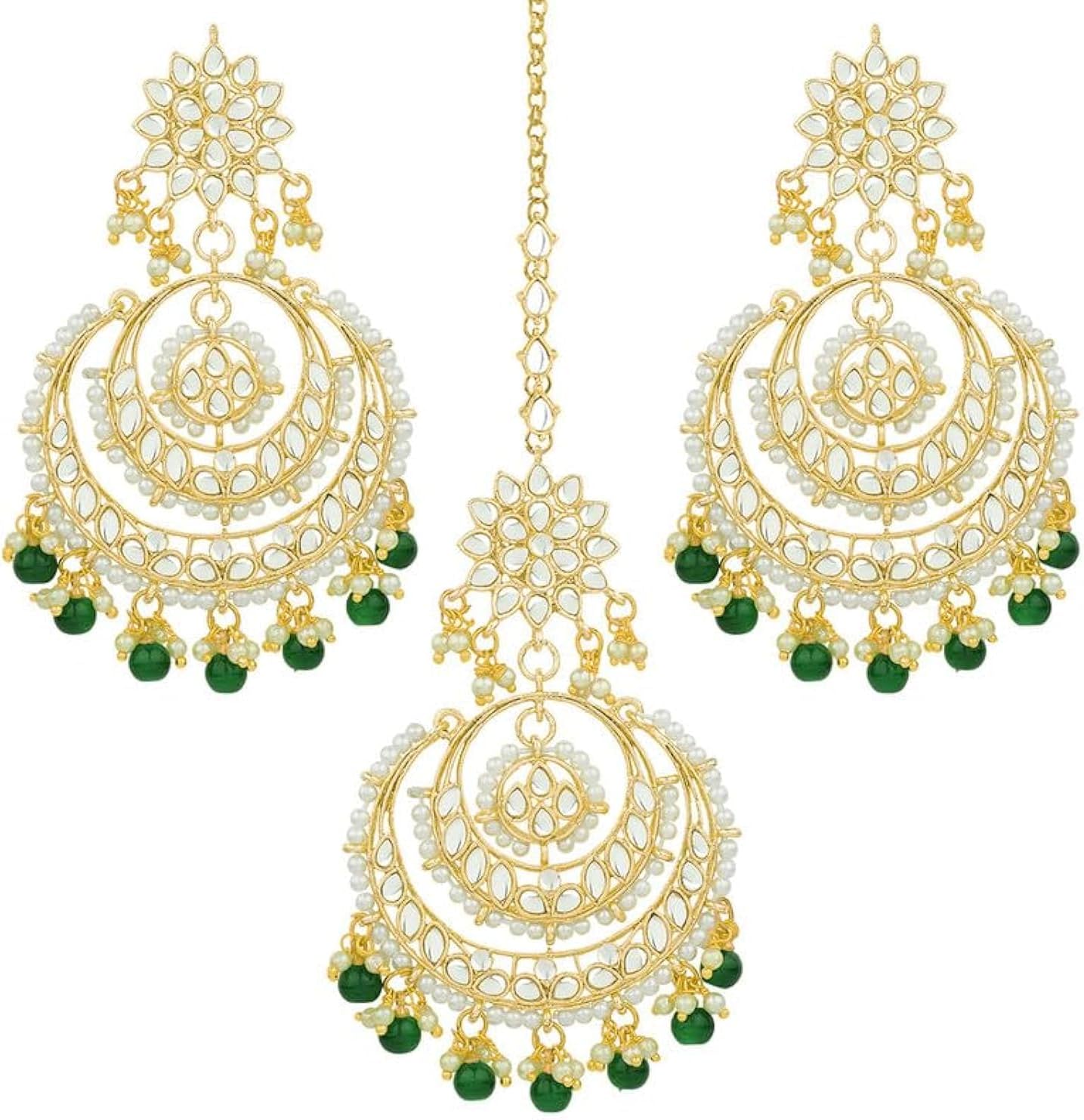 Bollywood Ethnic Chandbali Style Earrings Maang Tikka Set Traditional Fashion Jewelry for Women