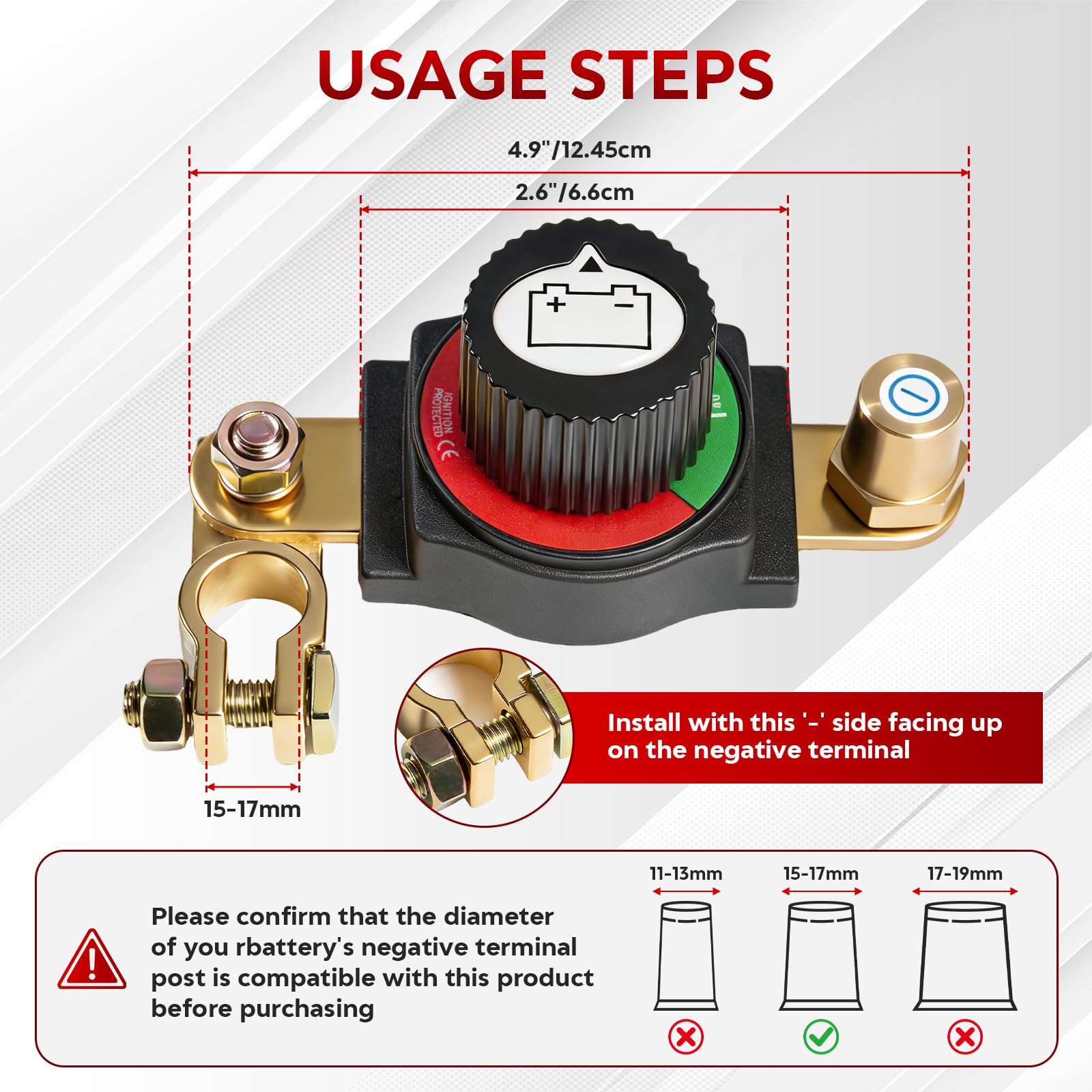 Stacca Batteria 12V-48V, Regolabile 180° Interruttore di Separazione Della Batteria, Stacca Batteria per Auto ON-OFF, Staccabatteria per Auto, Moto, Roulotte, Yacht, Adatto al Polo Negativo