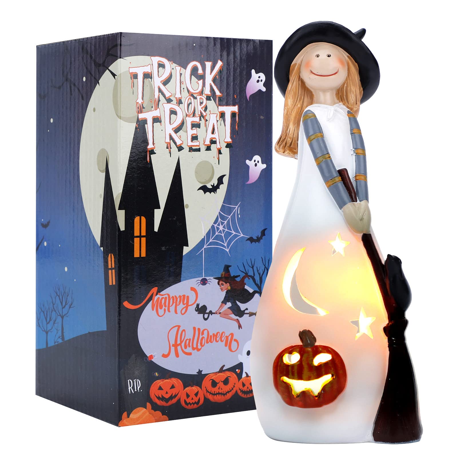 Photo 1 of Bearae Witch Halloween Decorations, Pumpkins Fall Decor, Witch Hat Decor, Ghost Statue, Witch Candle Holder with Flickering Led Candle, Cute Collectible Figurines for Home, Party and Holiday