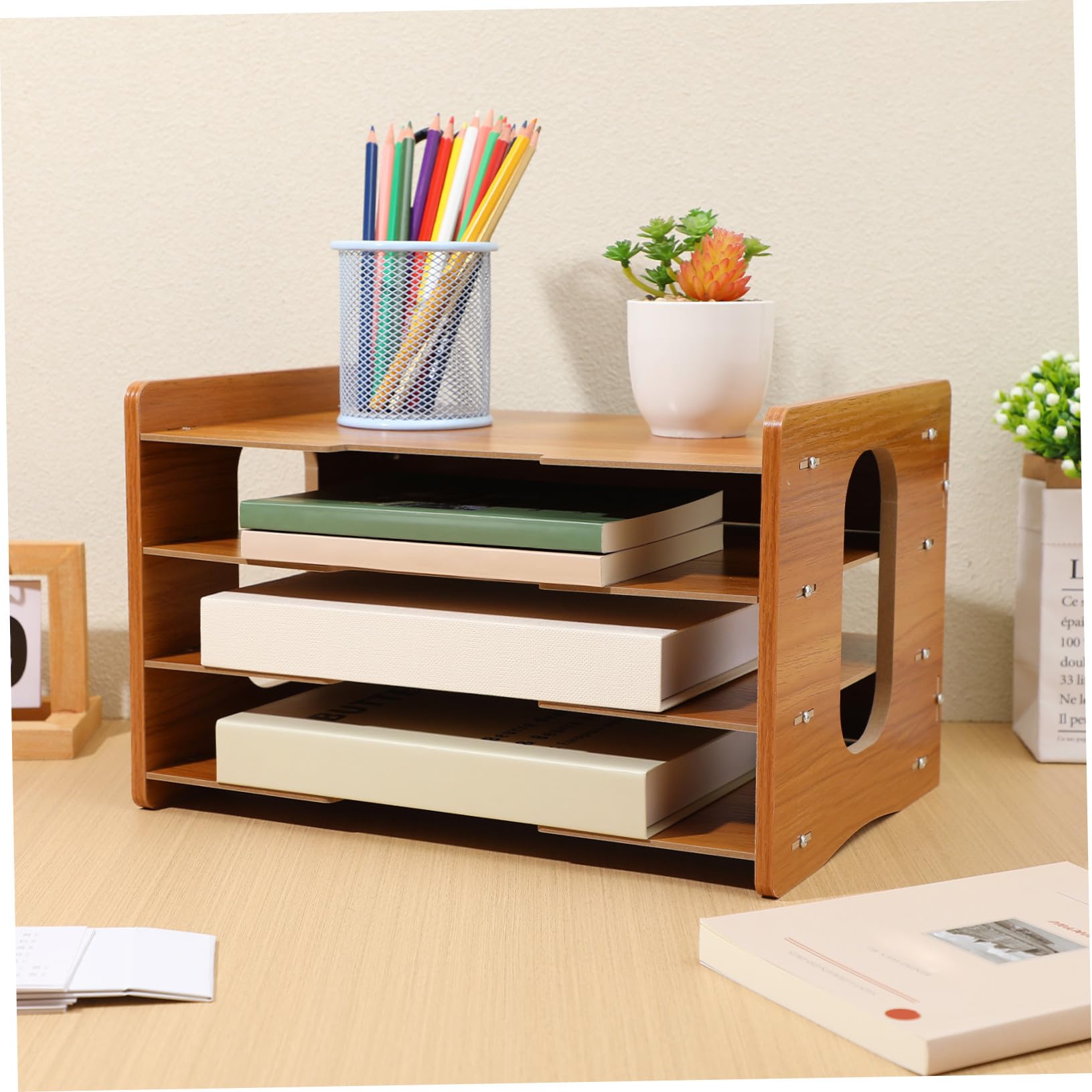 Gatuida Organizer da Scrivania in Legno Design Verticale Stabile 4 Livelli Vaschetta Portadocumenti Salvaspazio e Facile da Ordinare per Ufficio e Studio