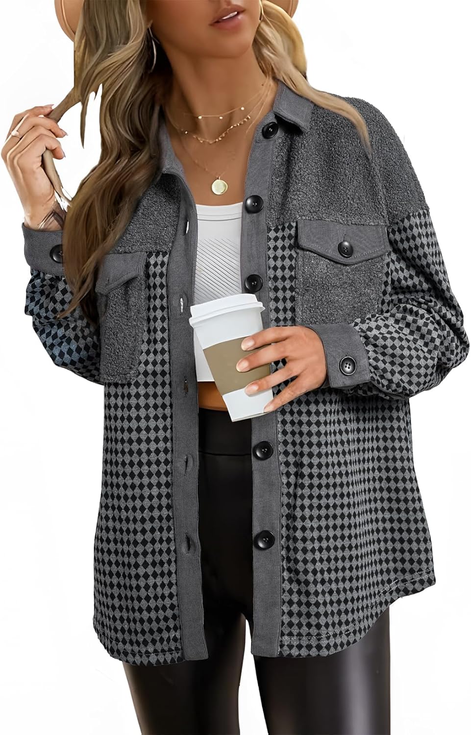 SHEWIN Shackets for Women 2025 Casual Long Sleeve Tops Button Down Plaid Fall Jackets