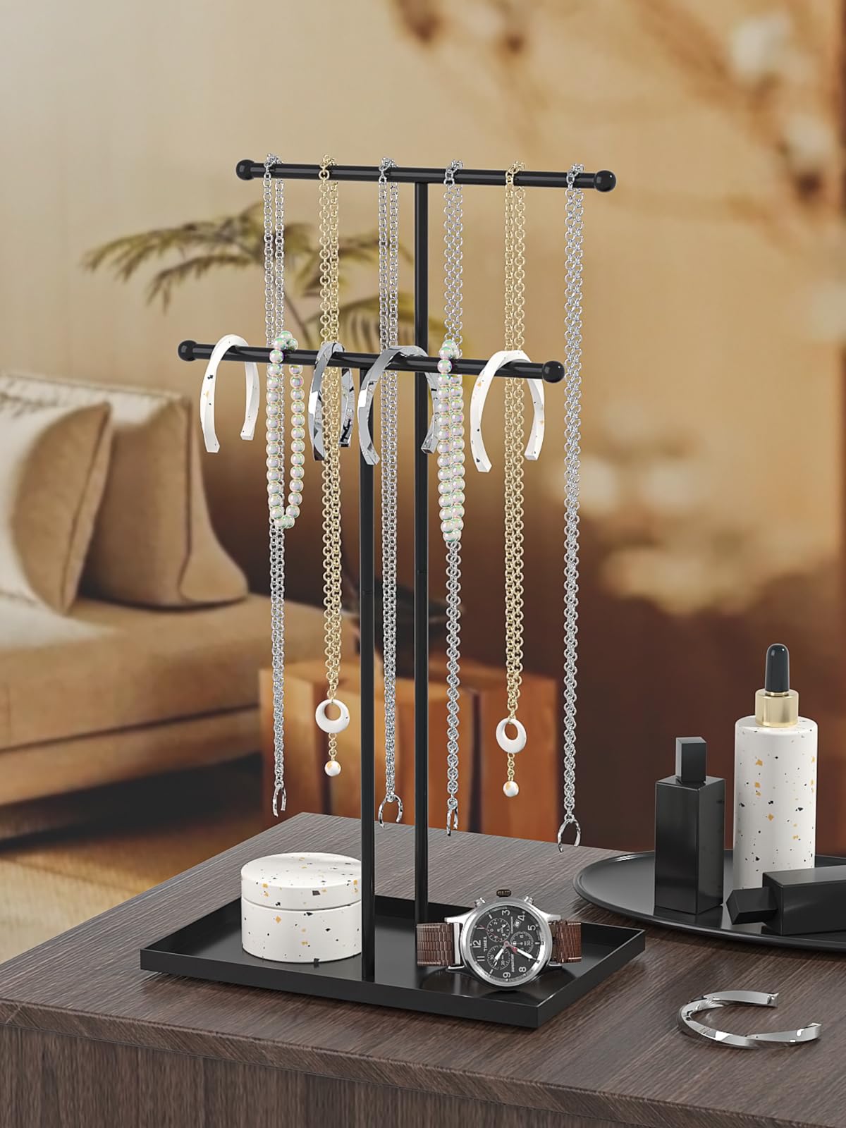 Ausalivan Necklace Organizers Holder, Small Jewelry Display Stand for Women, Men and Vendors, Long Necklace Organizer, Multi-Functional Bracelet Hanger, Space Saving Design (2 Tier Black)