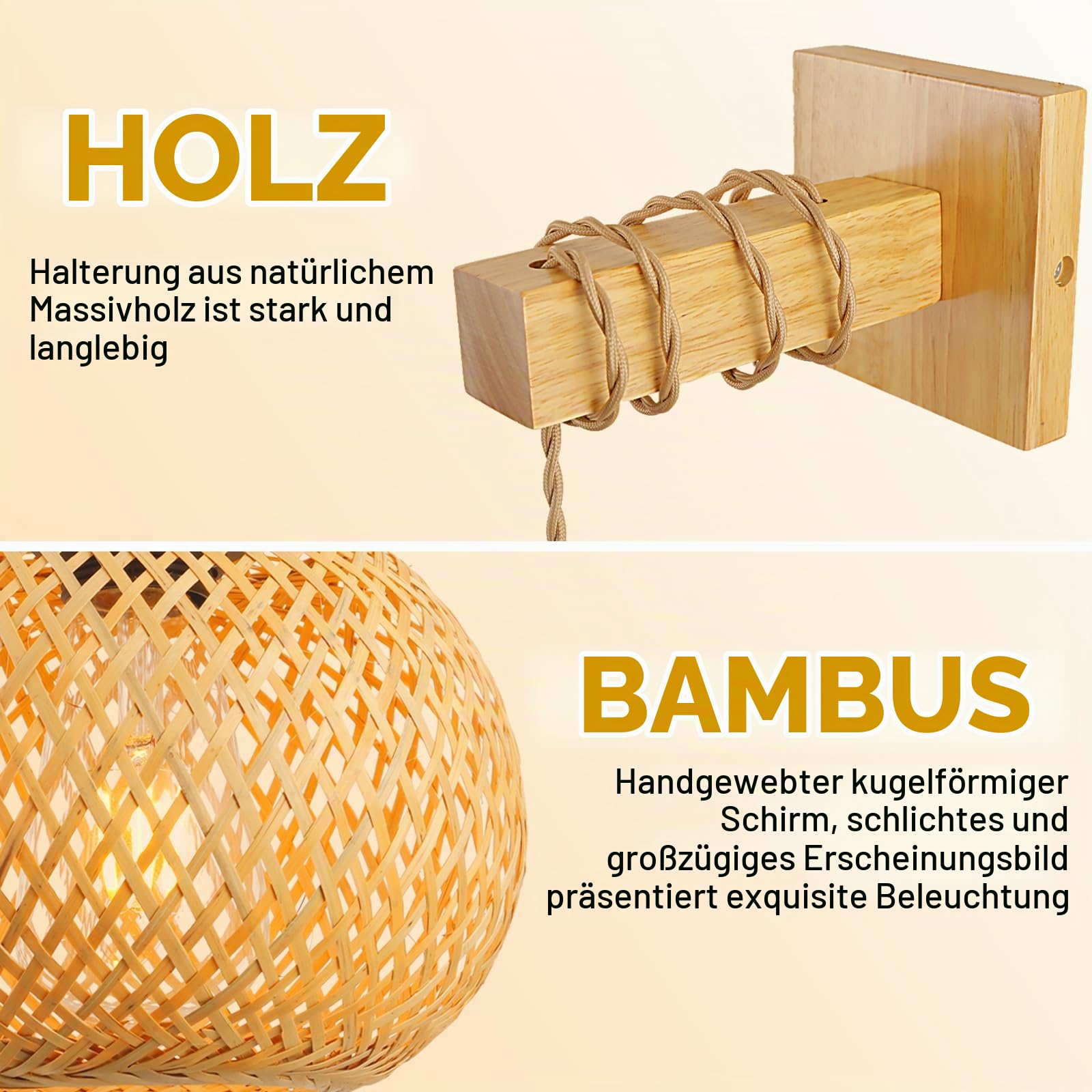 Wandleuchte Innen Boho Vintage Bambuslaterne Lampe,E27 Nylon-Seil Bambus Und Massiv Holz Wandlampe Innen Kreativ Handgewebt Boho Lampe FüR Wohnzimmer Schlafzimmer Esszimmer