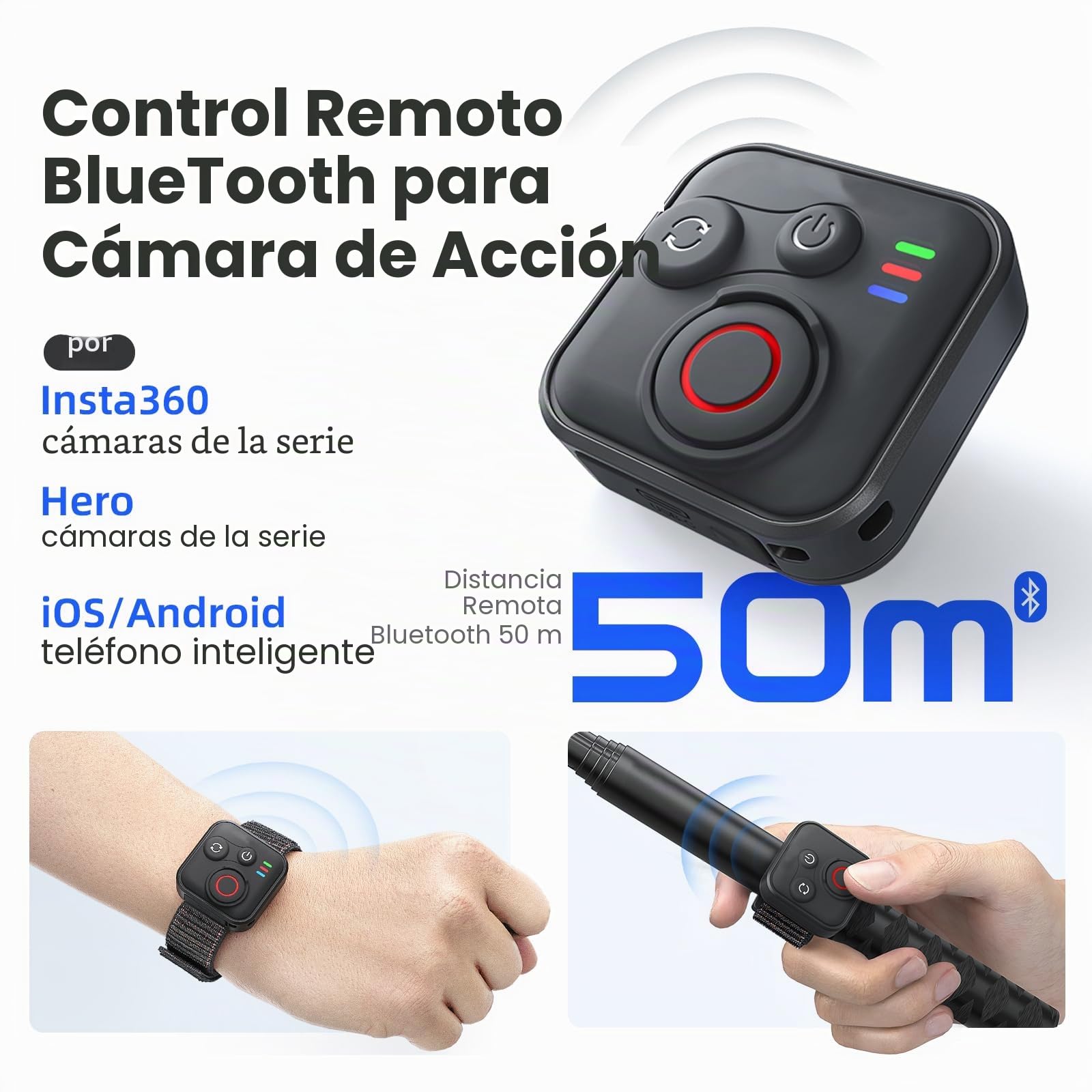 Mando a distancia Bluetooth para cámaras Insta360 X5/X4/X3/Ace Pro 2/Ace Pro/GO3S/GO3/GoPro Hero 13/12/11, alcance de 50 m, resistente al agua 96 h, carga rápida BT5.1