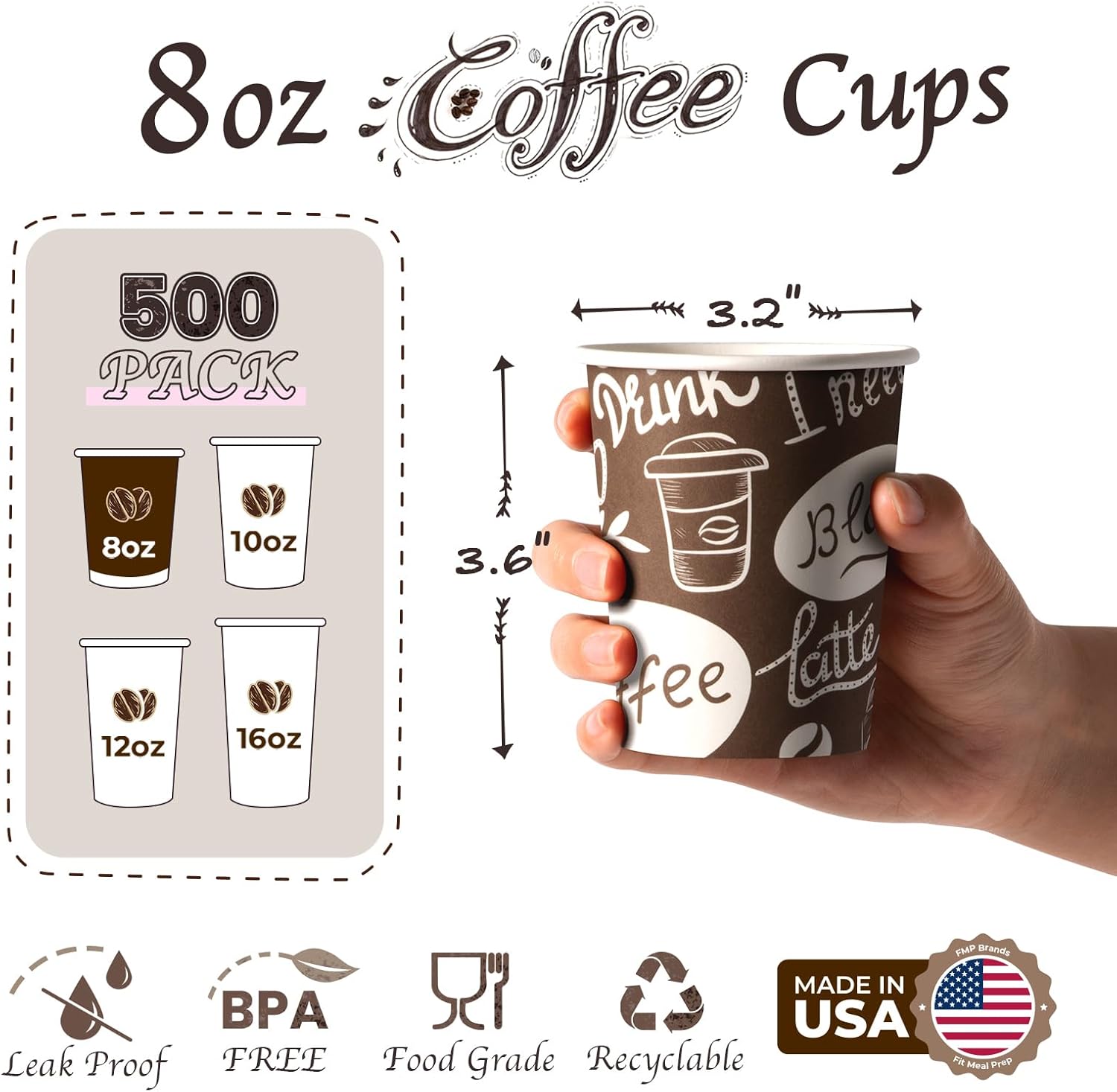 Fit Meal Prep 8 oz Coffee Cups 500 Count, Leak-Proof Hot Cup, Disposable Paper Coffee Cup Bulk for Hot/Cold Beverage, Durable Thickened Paper Cups for Party, Office, Bussines, Home, Bistros