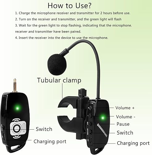 Miniatura 7 de Micrófono de Flauta Inalámbrico para Sistema de Instrumentos: Micrófono Profesional Inalámbrico 2.4G para Instrumentos Musicales de Viento