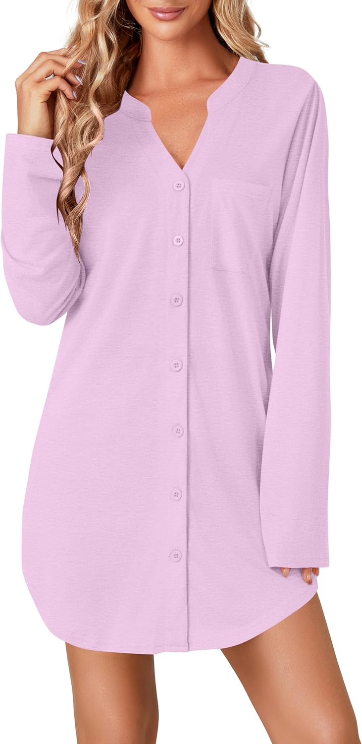 Vrtige Women's Striped Nightshirt Button Down Long Sleeve Nightdress Nightgown with Pocket