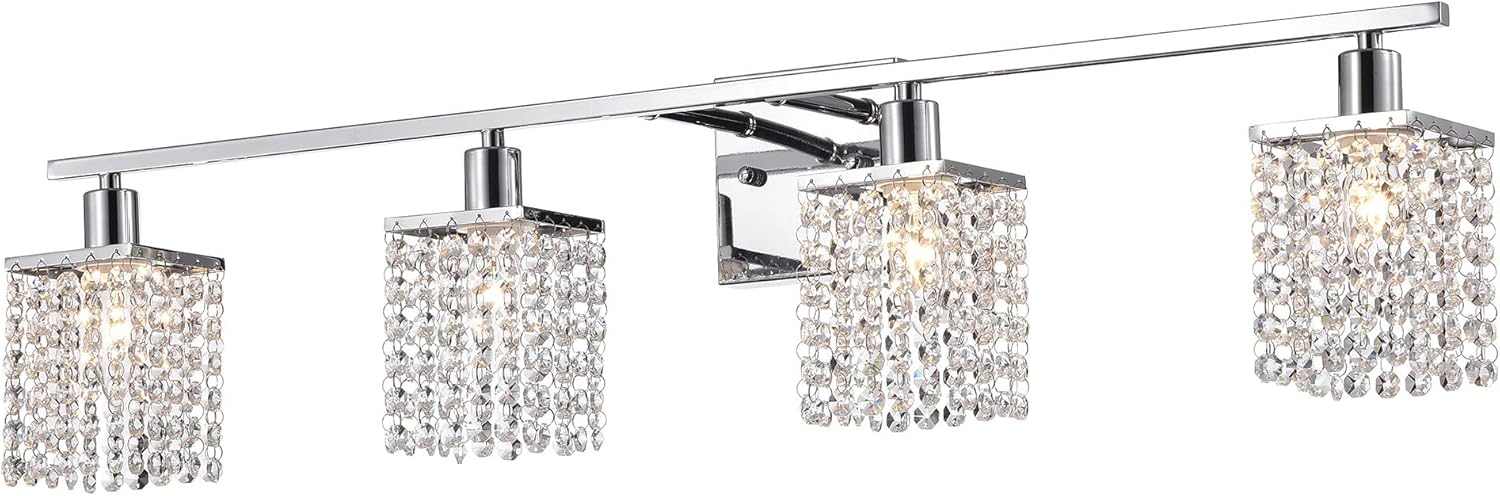 Warehouse of Tiffany WM141/4 Frindin Chrome 4 Sconce Vanity Lighting with Crystal Shades Wall Lamp, Silver