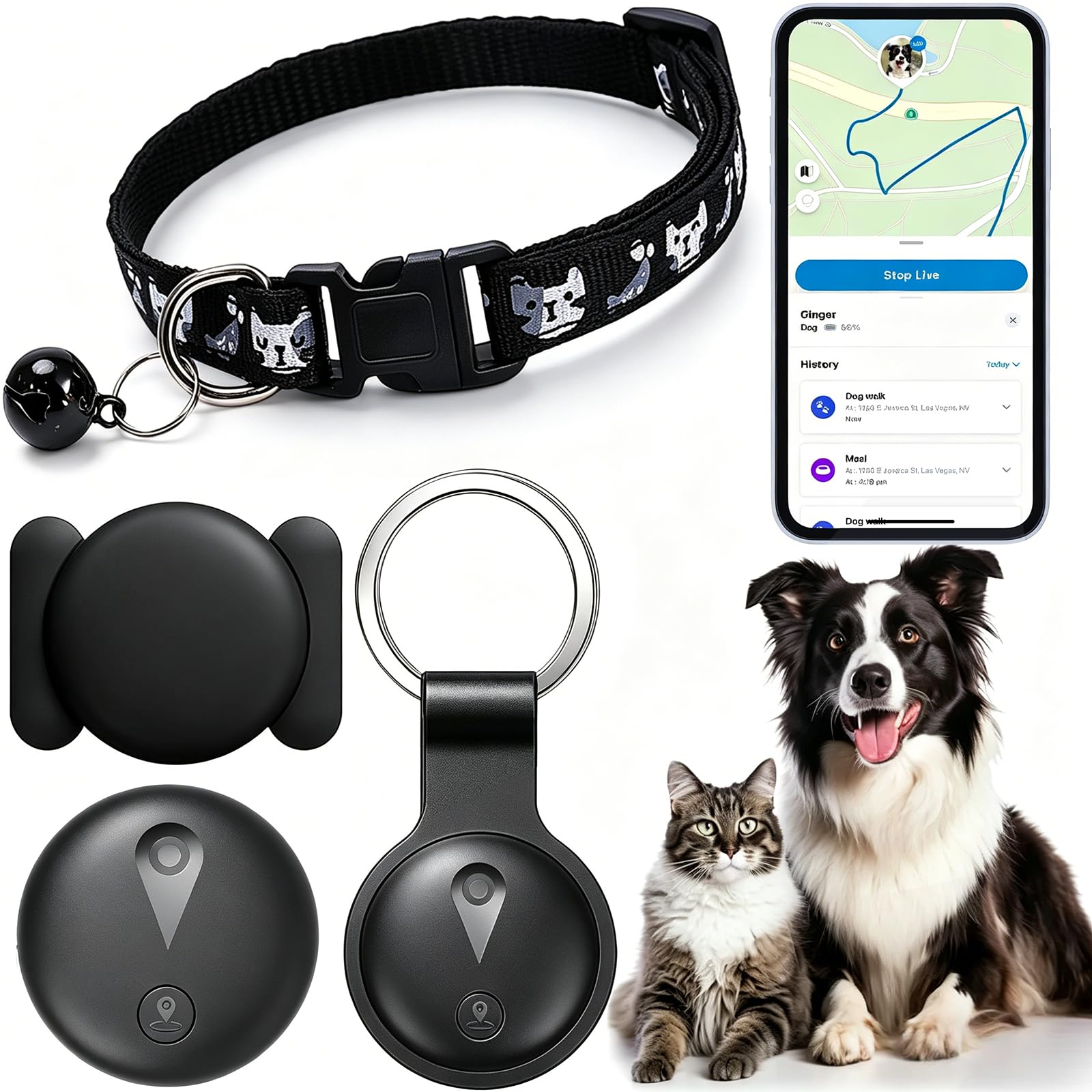 Cat Tracker, Cat Dog Tracker with No Monthly Fees for Location Tracking, Pet GPS Tracker, Compatible with iOS/Android, Mini Tracking Device for All Dogs and All Collars (Black)