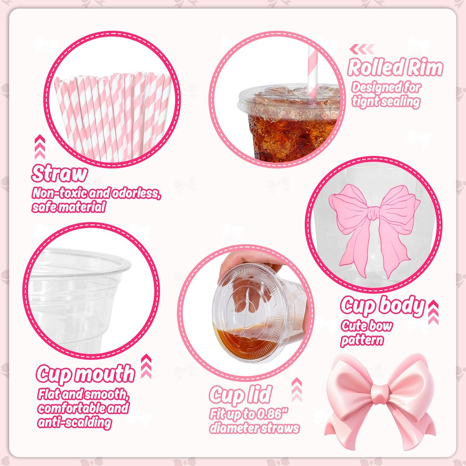 Whaline 50 Pcs Pink Bow Disposable Plastic Cups with Lids and Straws 12 Oz Coquette Ribbon Bow Cold Beverage Drinking Cups for Wedding Birthday Baby Shower Party Supplies image 3