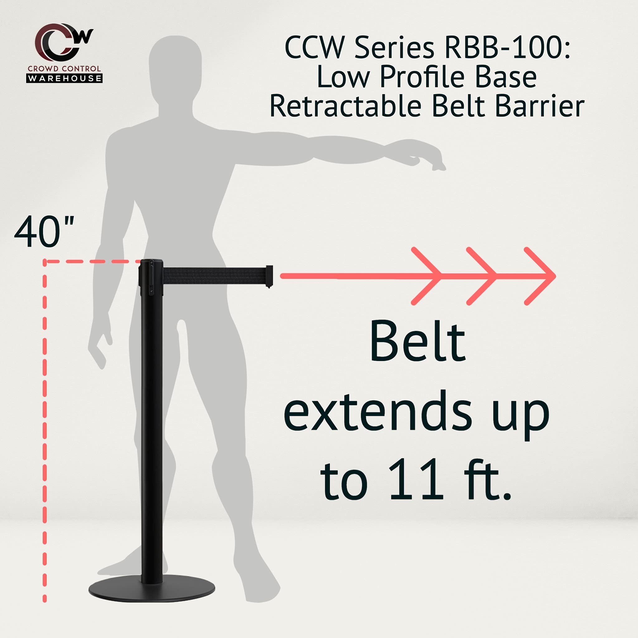 CCW Set of 2 Stanchion Retractable Belt Barriers, Low Profile Base (11 Foot Belt, Black with White Horizontal Stripe Belt with Black Post)