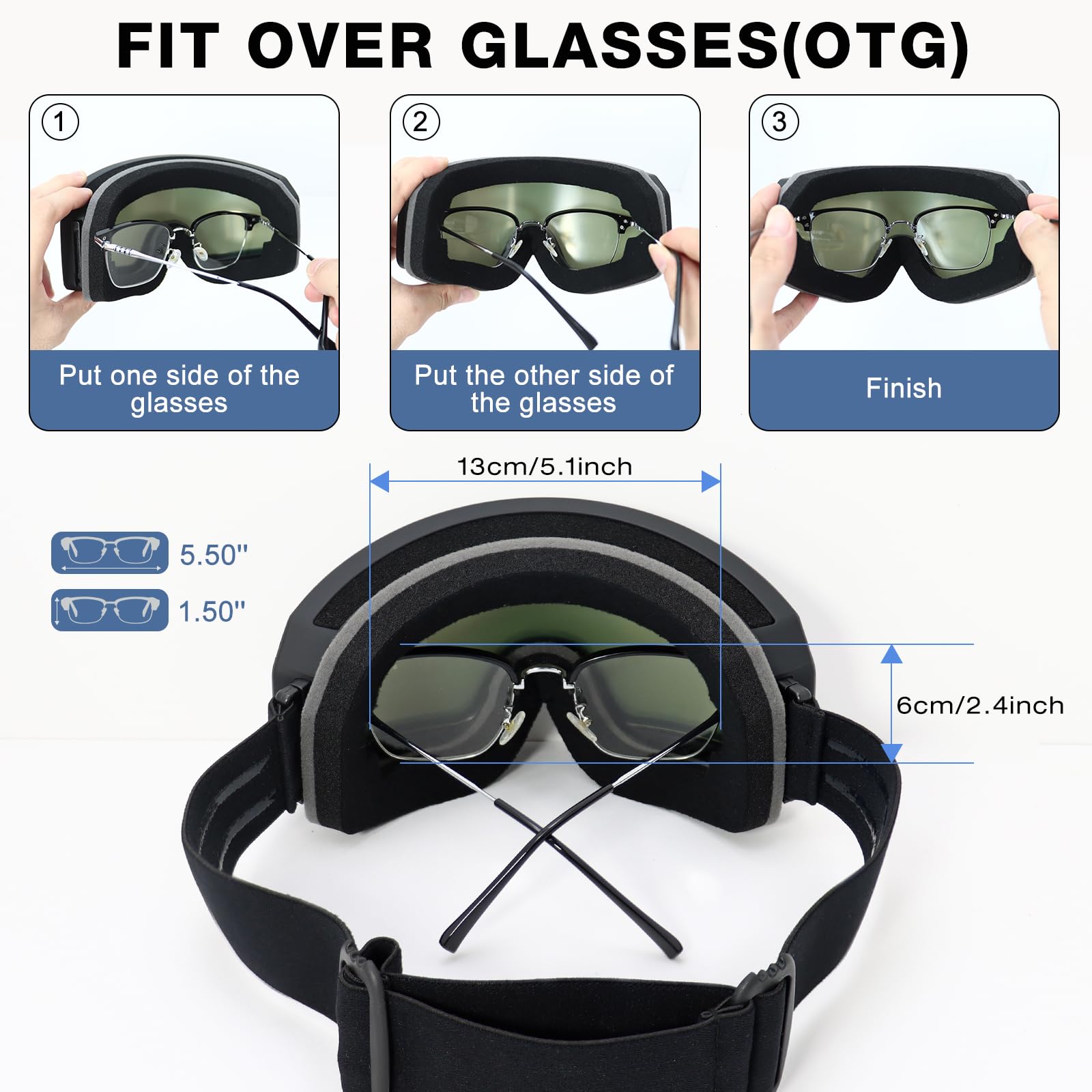 Lunettes de ski OTG pour homme et femme, anti-buée, protection UV, lunettes de planche à neige, ski et motoneige pour adultes et jeunes
