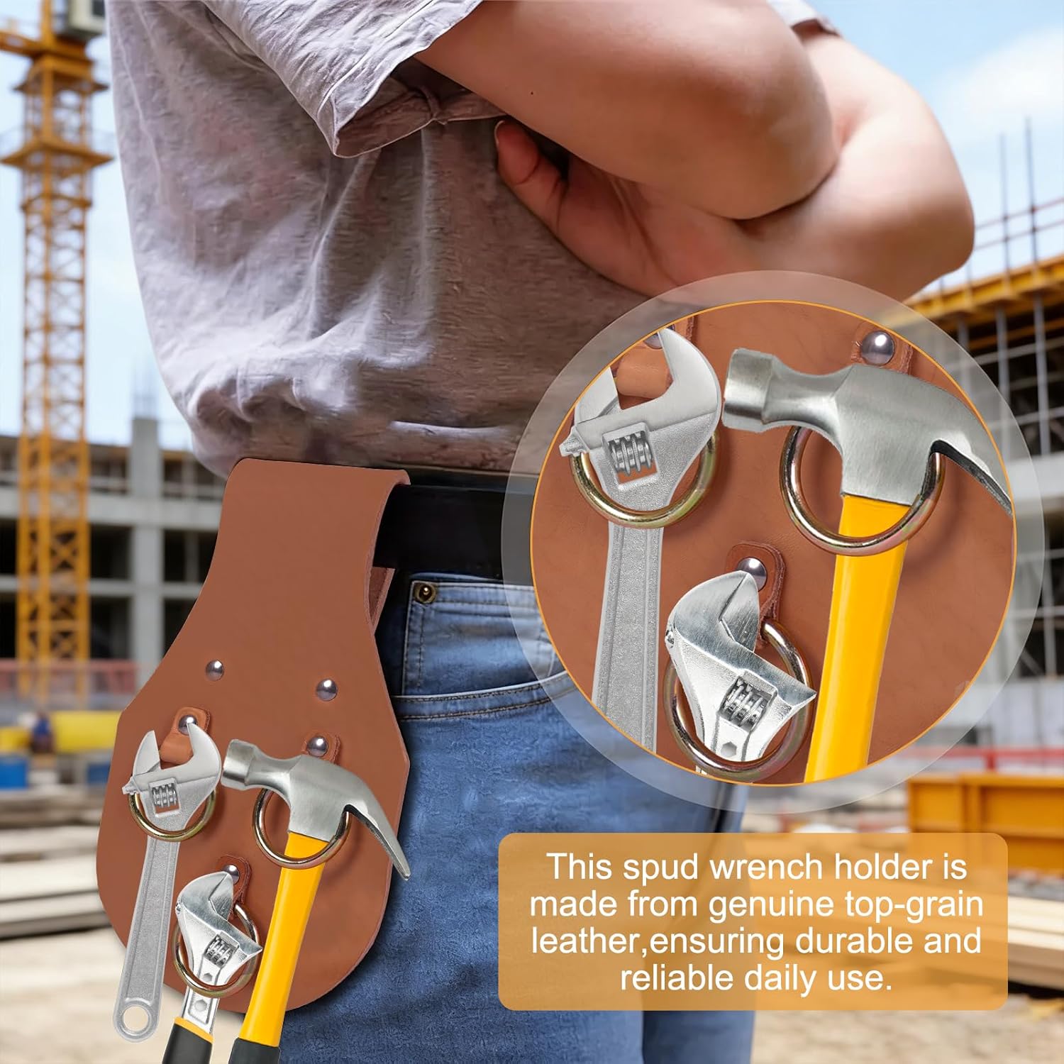 2 Pcs 3 Ring Spud Wrench Holder for Tool Belt, Heavy-Duty Leather Ironworker Tool Holster with Welded Steel Rings for Tool Organization (2)