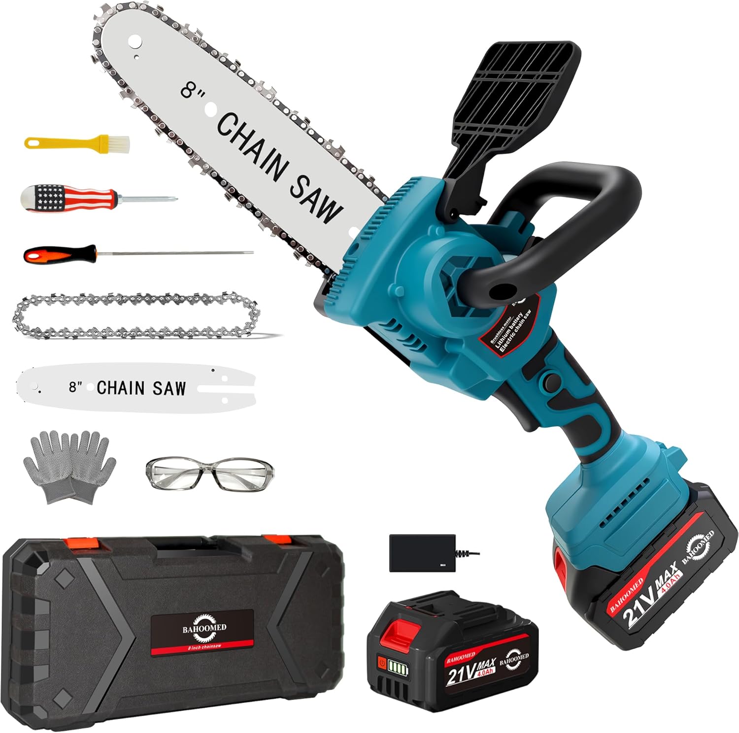 Electric Chainsaw - 8 Inch Mini Chainsaw Cordless with Battery and Charger, Battery ChainSaw for Tree Pruning or Branches Cutting, Hand Chainsaws Gift for Dad, Husband, Men Women, Blue