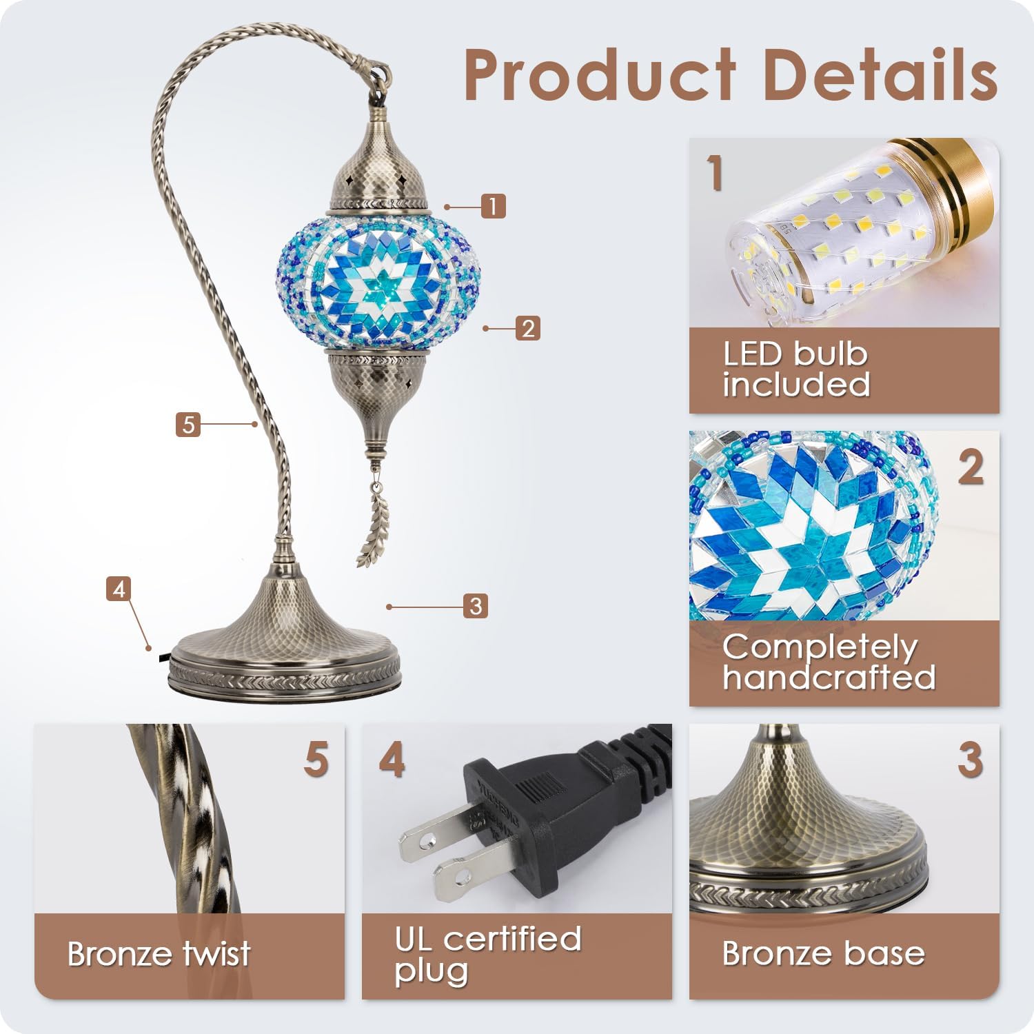 Yarra-Decor Turkish Moroccan Mosaic Table Lamp with Bronze Base - 3 Color Options Handmade Swan Neck Tiffany Mosaic Glass Bedside Lamps for Bedroom, 19" (LED Bulb Included) (Blue2)