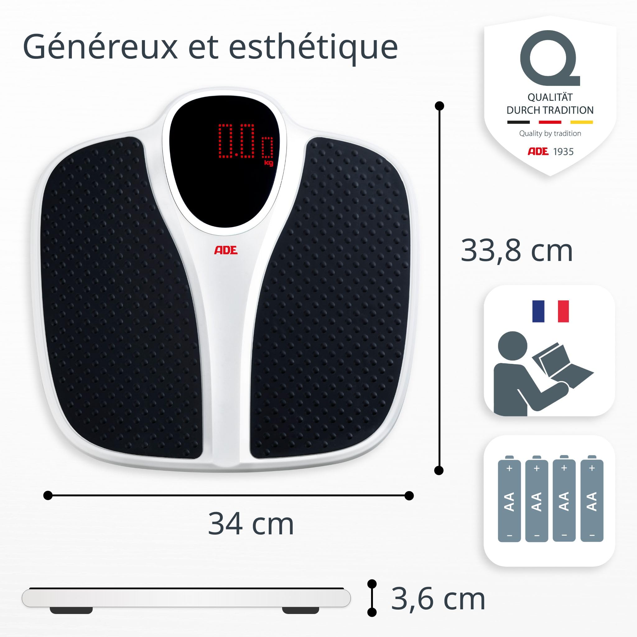 ADE Pèse-personne numérique | Jusqu'à 200 kg | Surface de pesée extra large et antidérapante | Pèse-personne pour personnes âgées avec grand écran à matrice de points rouges