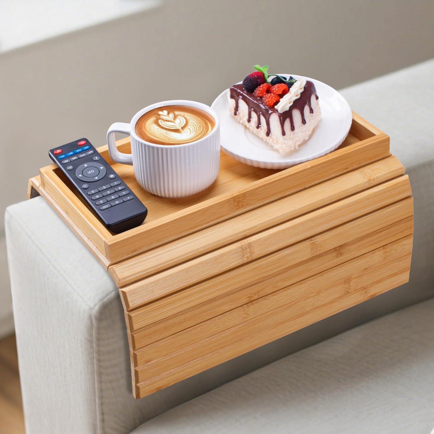 Bamboo Sofa Arm Tray Foldable Couch Arm Tray Anti-Slip Armrest Cup Holder For Couch For Drinks Snacks Phone Remote image 2