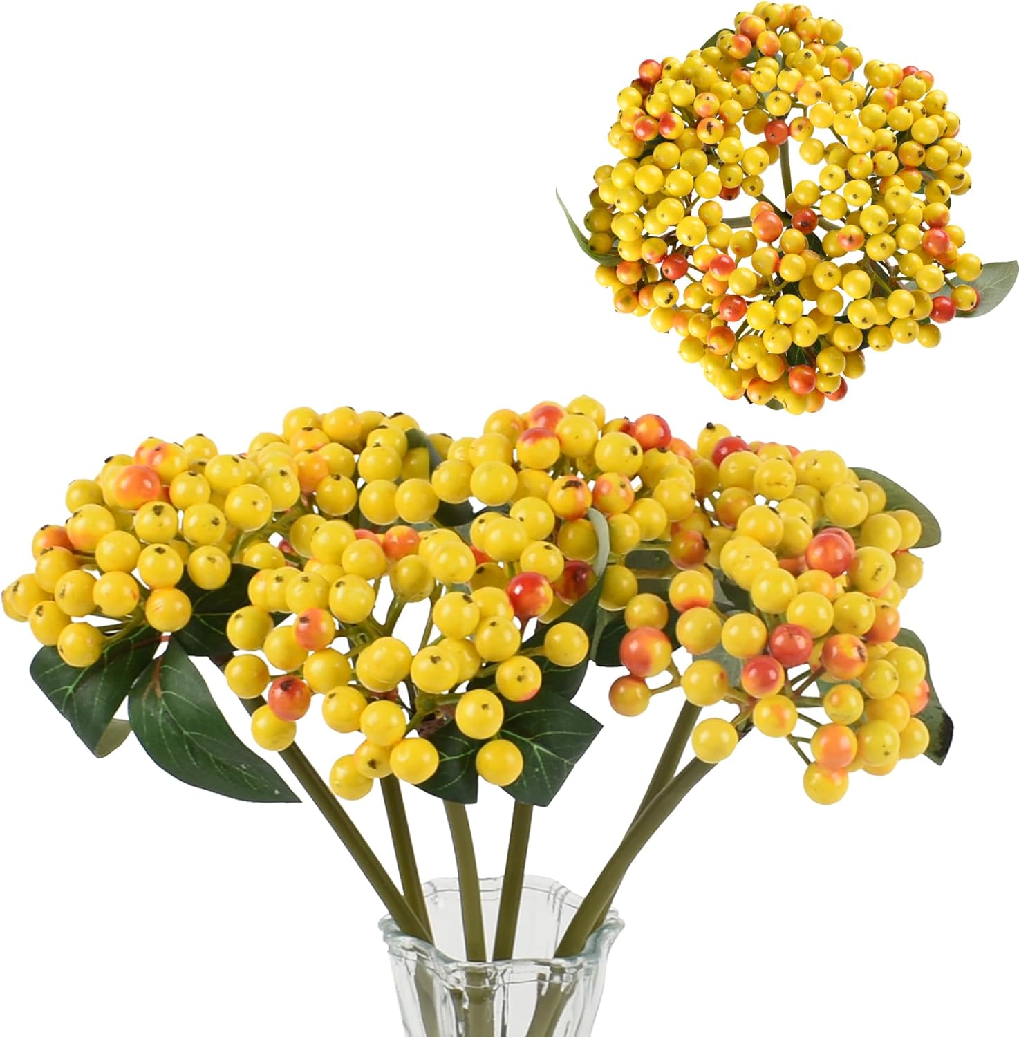 Artificial Holly Berry Stems 6pcs Fake Yellow Berry Branches, 11.4 Inch Faux Holly Berries for Home, Kitchen, Window Decor