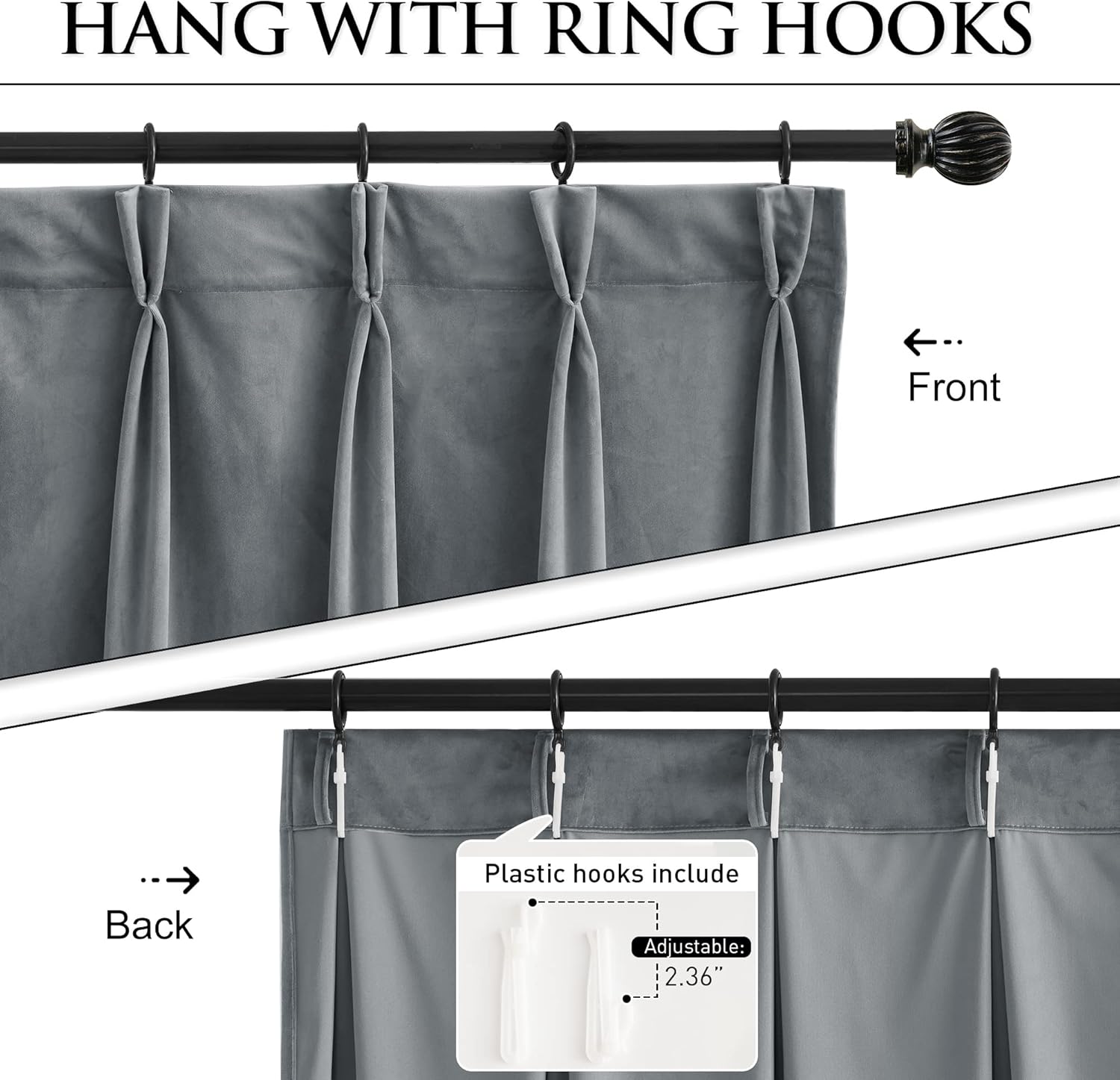 StangH Velvet Curtains Pinch Pleat 96 inches Long, Light Grey Room Darkening Privacy Window Drapes for Boys Bedroom Energy Saving Luxury Home Decor for Office, W30 x L96, 2 Panels