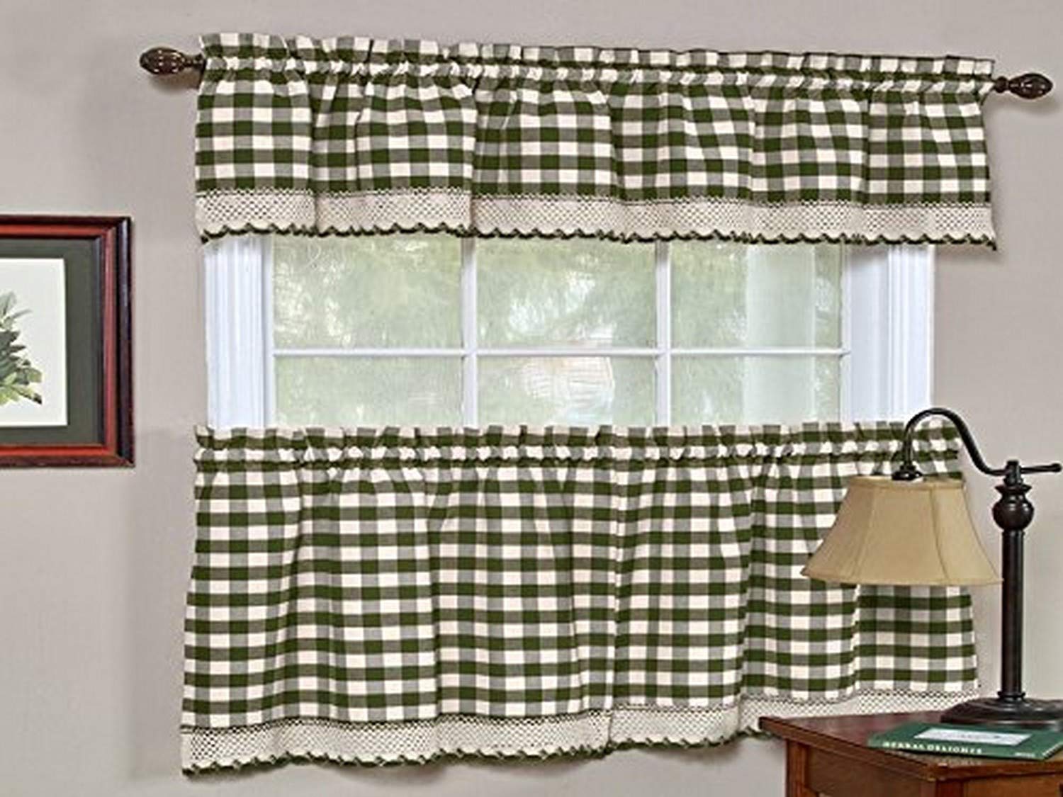 Sweet Home Collection Buffalo Check Gingham Kitchen Window Curtains Valance Set, 24" Tier, Sage