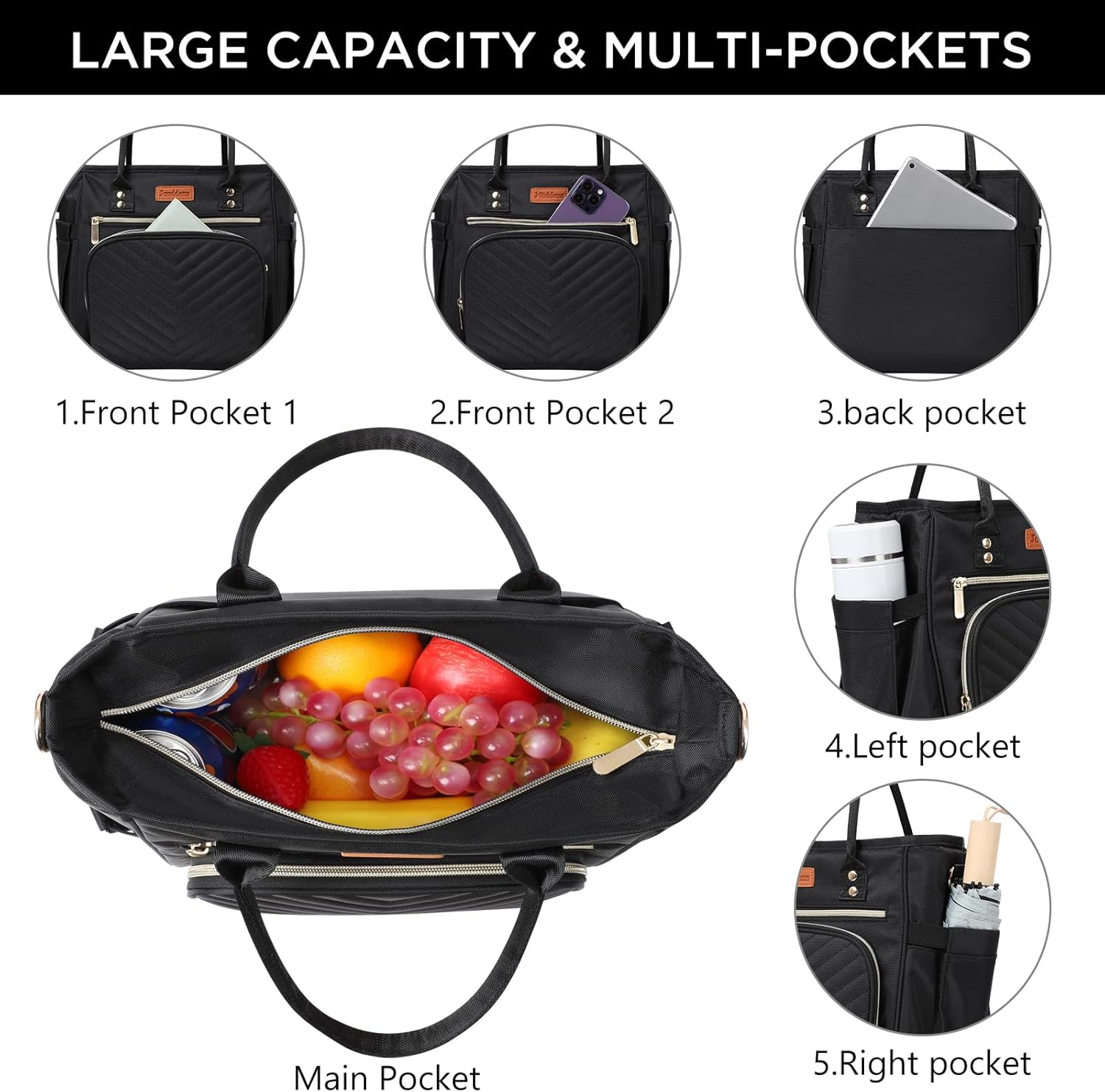 Jomddems Lunch Bag Women,Insulated Lunch Box for Women Men with Shoulder Strap,Portable Reusable Large Adults Cooler Tote Bags for Work Picnic Hiking Beach (Black)
