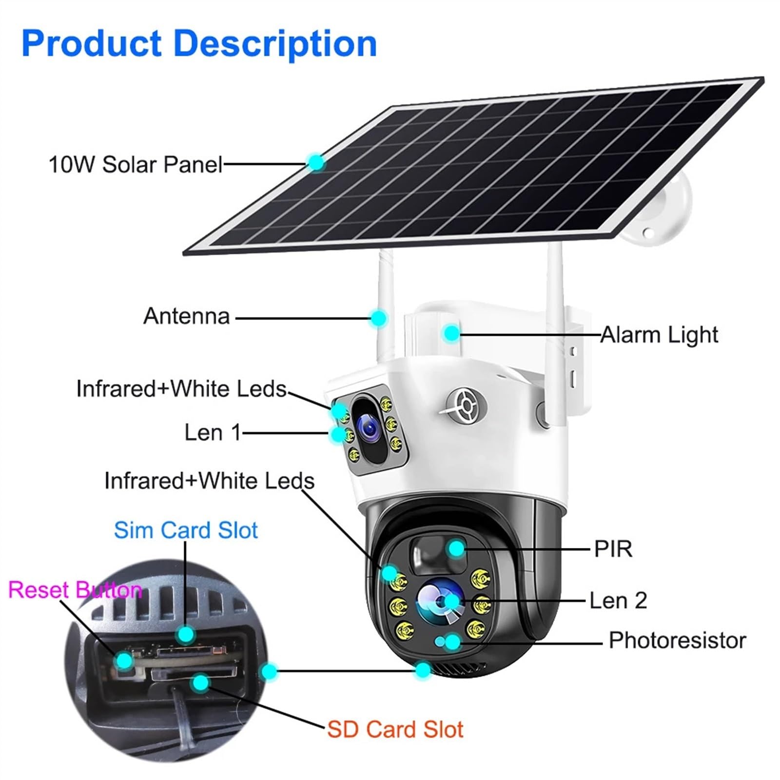 Caméra de sécurité, Caméra Solaire 4G Sim 8MP 4K, vidéo d'extérieur à Faible Puissance, Vision Nocturne, Audio bidirectionnel, PIR CCTV IP, avec Panneau(4MP Add 128GB Card)