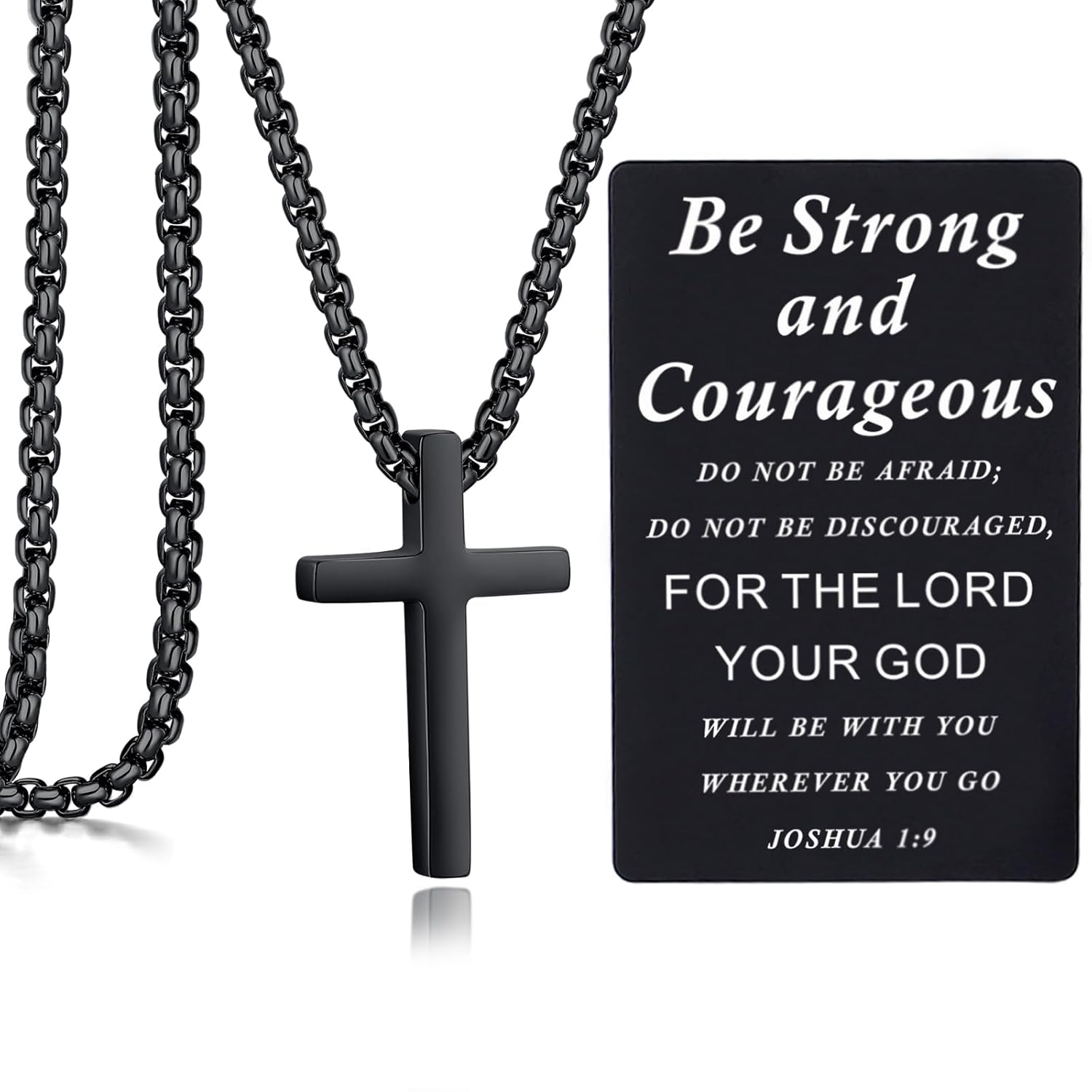 Cross Necklace for Men Black Stainless Steel Chain Gifts for Him Teen Boys Teenage 12 14 16 Year Old Ideas Birthday Christmas Day Valentines Confirmation Easter Stocking Stuffers (Black-Be strong and courageous…) Thumbnail
