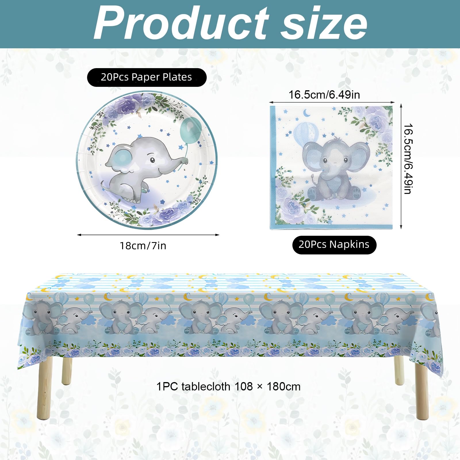 175-teiliges Babyparty-Geschirr-Set Für 25 Gäste – Pappteller, Becher, Servietten & Besteck | Elefanten-Design Mit Blauen Blumen