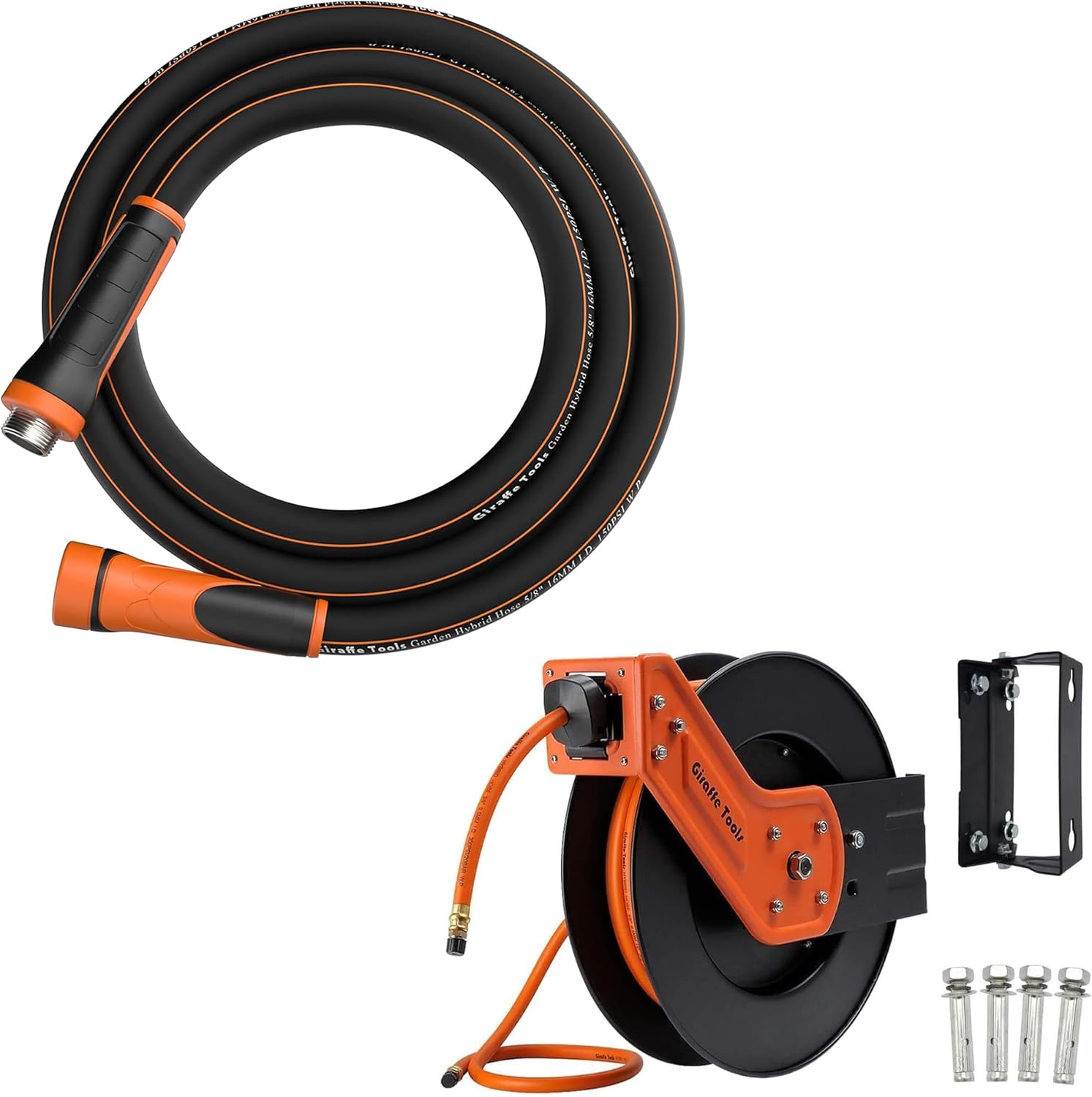 Giraffe Tools Retractable Air Hose Reel Swivel 3/8 in. x 25 ft Hybrid Hose, 300 PSI and Leader Hose 10ft x 5/8" Swivel Handle, Male to Female Fittings