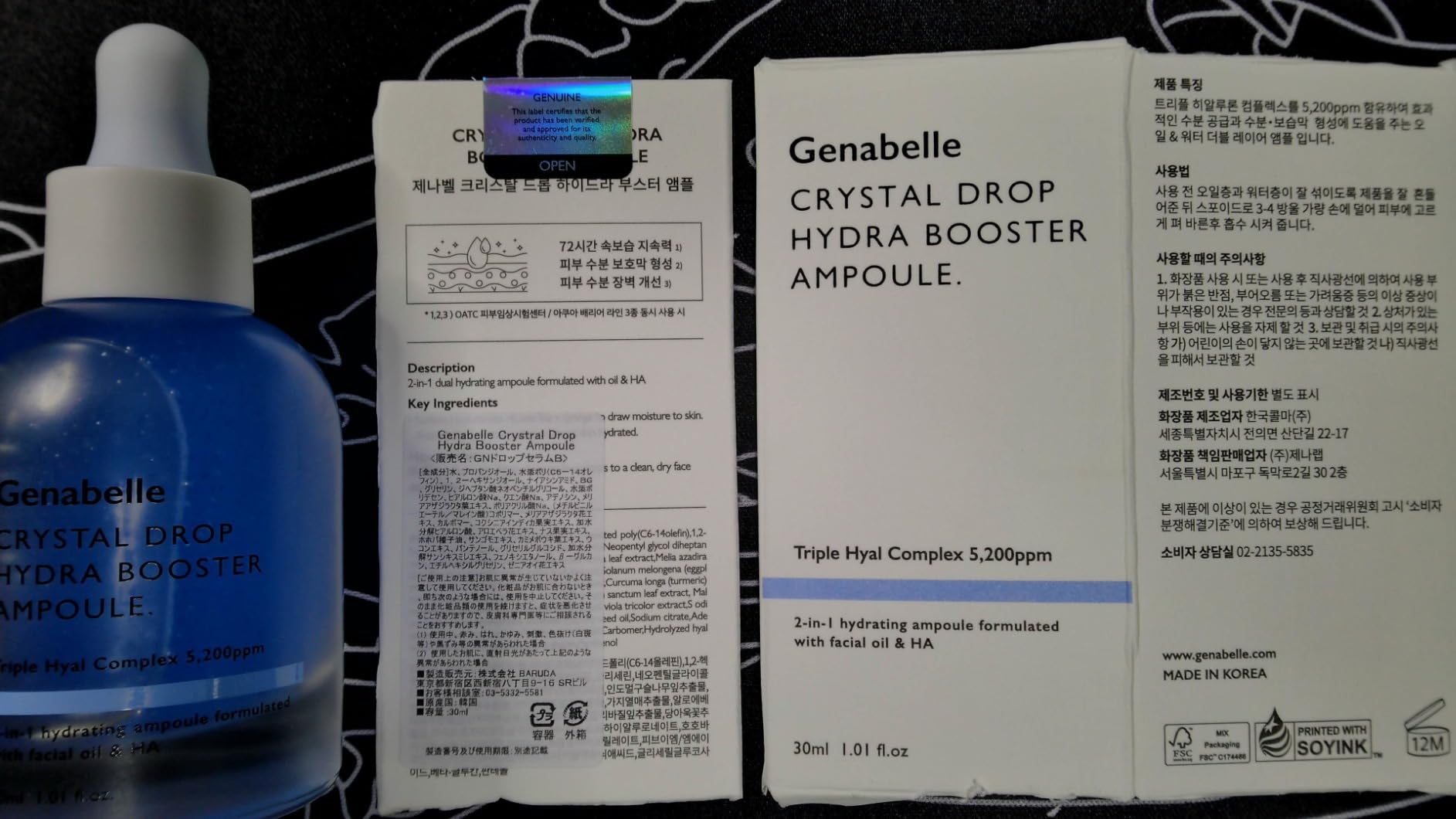 Genabelle Crystal Drop Hydra Booster Ampoule – Hydrating Serum with Hyaluronic Acid, Panthenol & Jojoba Oil for Skin Barrier and Glow – 1.01 fl.oz