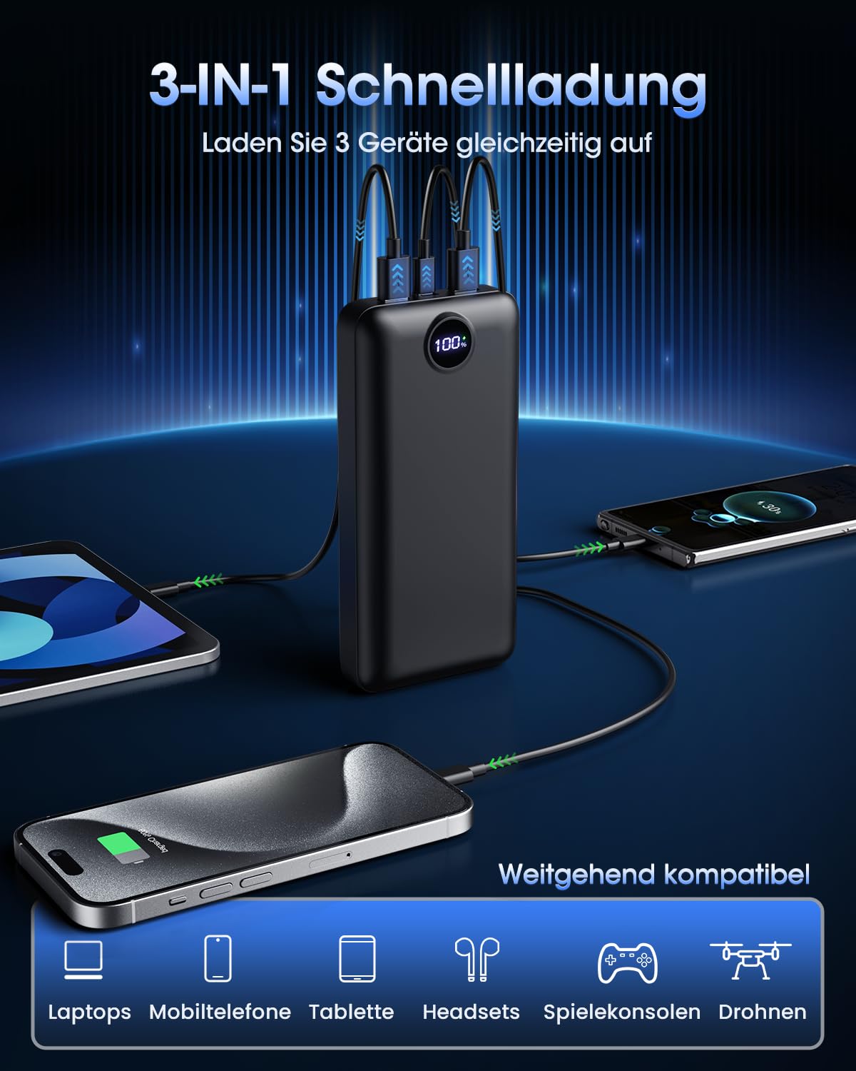 PowerBank 50000mAh große kapazität,3 in 1 Ladekabel 22,5W schnelles Aufladen externer Akku USB-C 3 Ausgänge und 2 Eingänge LED Display Power Bank kompatibel mit iPad iPhone Android usw Black