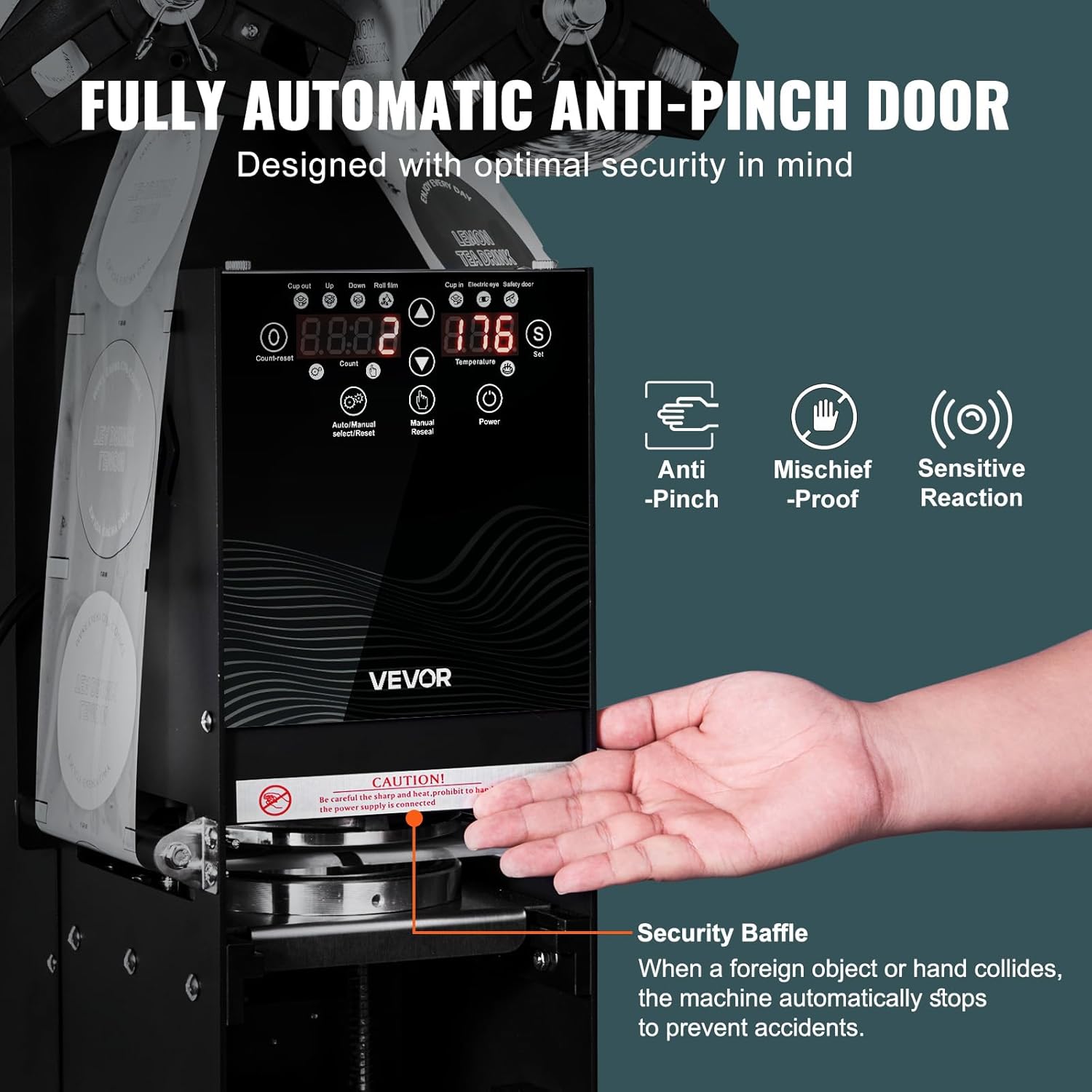 VEVOR Fully Automatic Cup Sealing Machine, 500-650 Cups/H, Cup Sealer Machine for 180 mm Tall & 90/95 mm Cup, Electric Tea Sealer with Digital Control LCD Panel for Bubble Milk Tea Coffee, Black