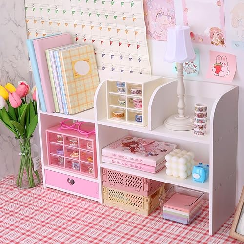 Miniatura 6 de Lindas estanterías para escritorio, organizador de escritorio Kawaii con cajón, organizadores de escritorio de oficina y accesorios, almacenamiento