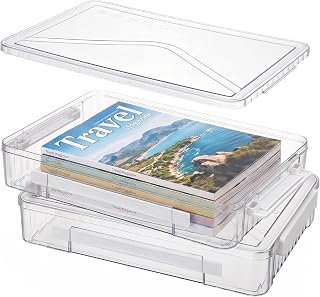 Clear Document Box, Deep A4 Paper Storage Organizer with Snap Latches, Stackable File Case for Certificates Photos Letter Size, Magazine Protector, 14.37" x 9.44" x 2.75" (2 Pack), White