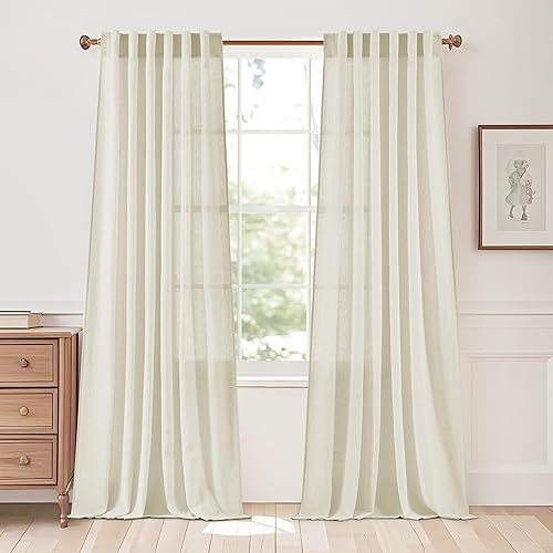 StangH Cortinas de lino marfil de 90 pulgadas, pestaña trasera, aspecto brillante y aireado para puerta corredera, porche, paneles clásicos de