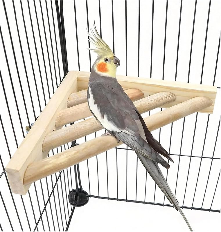 Litewoo Bird Perch Corner Platform Stand Shelf for Parrot Budgie Cage, 1PC | Natural wood, bird chew stand toy for parakeet/cockatiel/conure/cockatoo, smooth polished surface, corner cage space saver