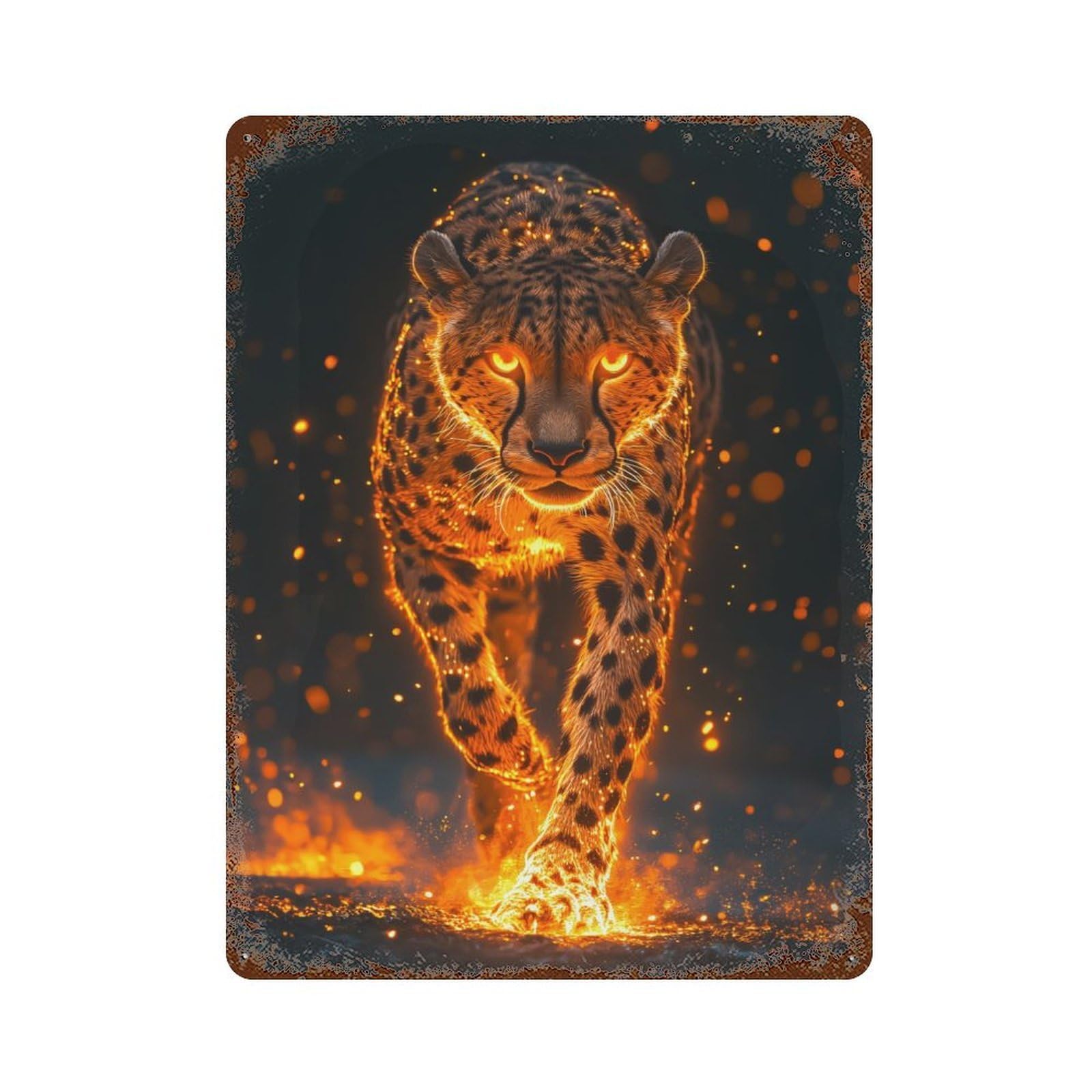 Rust Effect Fiery Cheetah Rusty Metal Tin Sign 15.7"x11.8", Rustic Home Decor for Living Room, Hallway And Home Decor