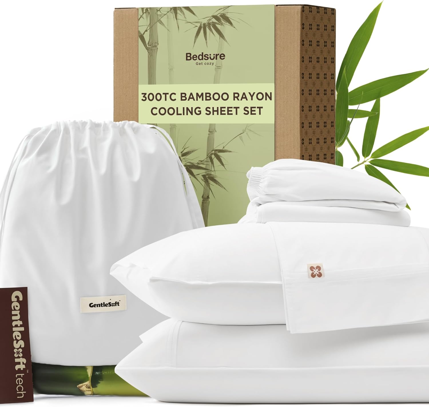 Bedsure Cooling Sheets, Rayon Derived from Bamboo & Cotton Blend, GentleSoft, Breathable, King Size Sheets Set, Deep Pocket Up to 18 Inches, Hotel Luxury Bedding for Hot Sleepers, White