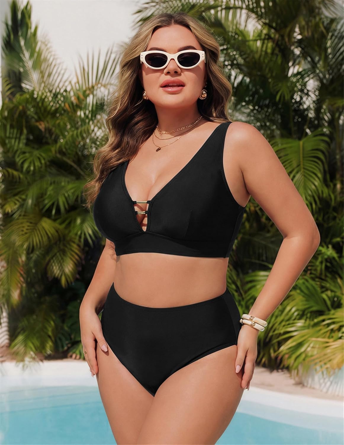 Hanna Nikole Womens High Waisted Bikini Sets Floral Print, 2 Piece Swimsuits Cutout, V Neck Bathing Suits Sexy Swimwear