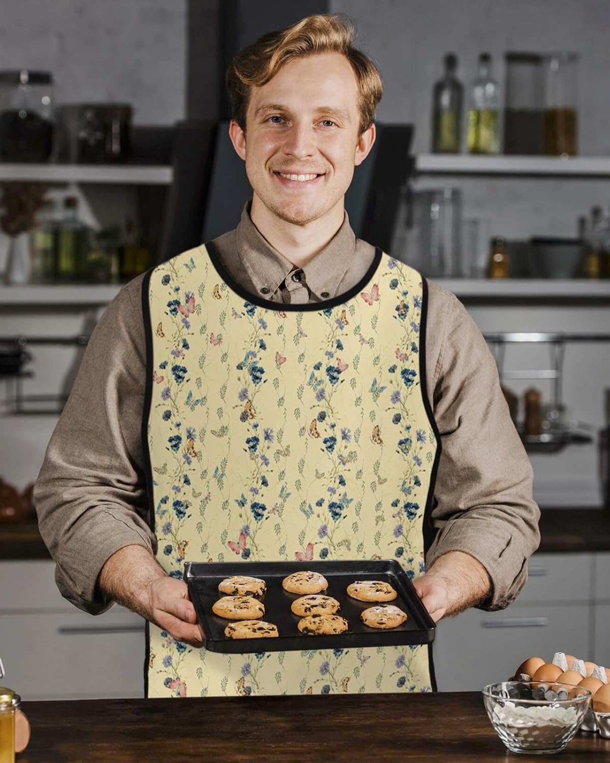 Unisex Cobbler Apron with 2 Pockets, Retro Flowers Floral with Leaves Butterfly Yellow Waterproof Vest Kitchen Chef Apron, Smock Apron Vest Cobbler Aprons for Women Men, 2 Pack, 20” x 31.5”