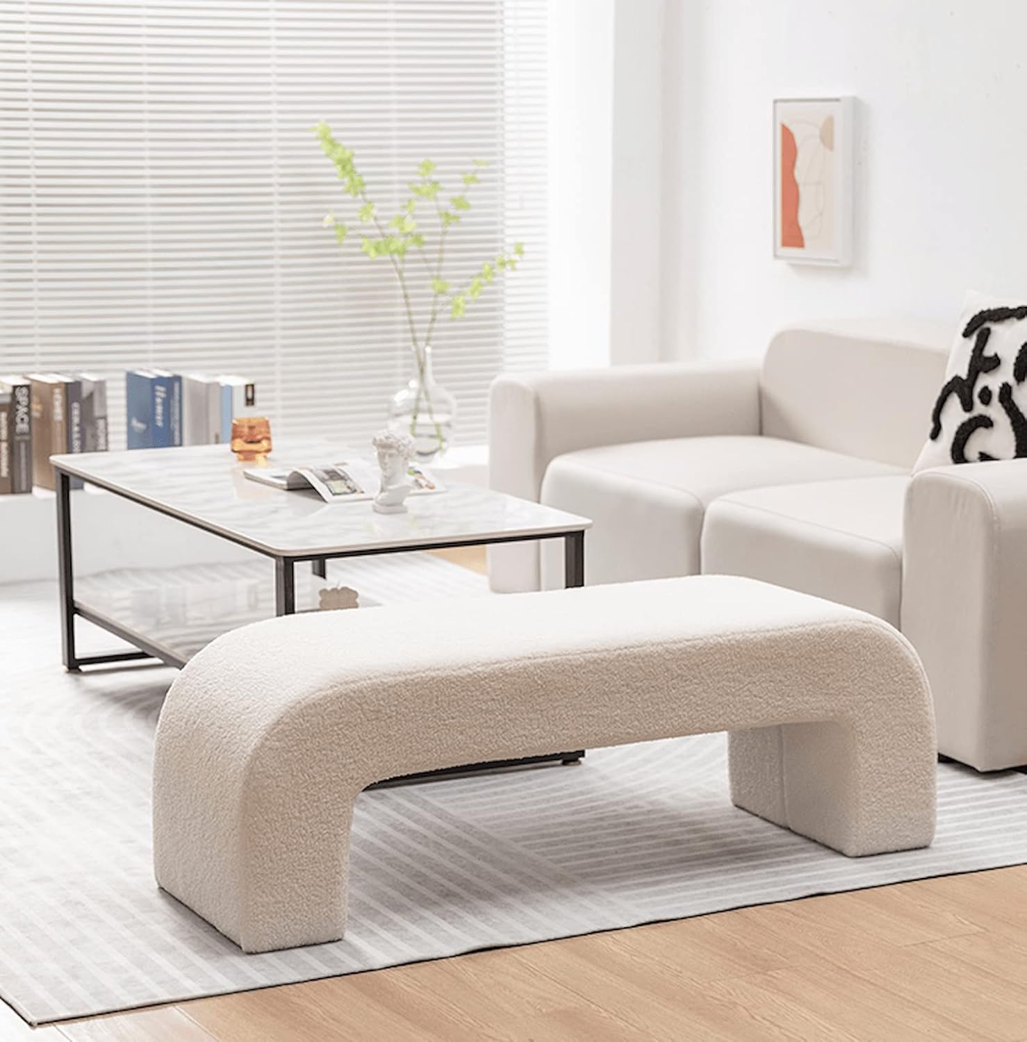 Modern Fuzzy Sherpa Upholstered Ottoman Bench, Entryway Bench, End Bed Bench, Footrest for Bedroom, Living Room, End of Bed, Hallway (31.5")