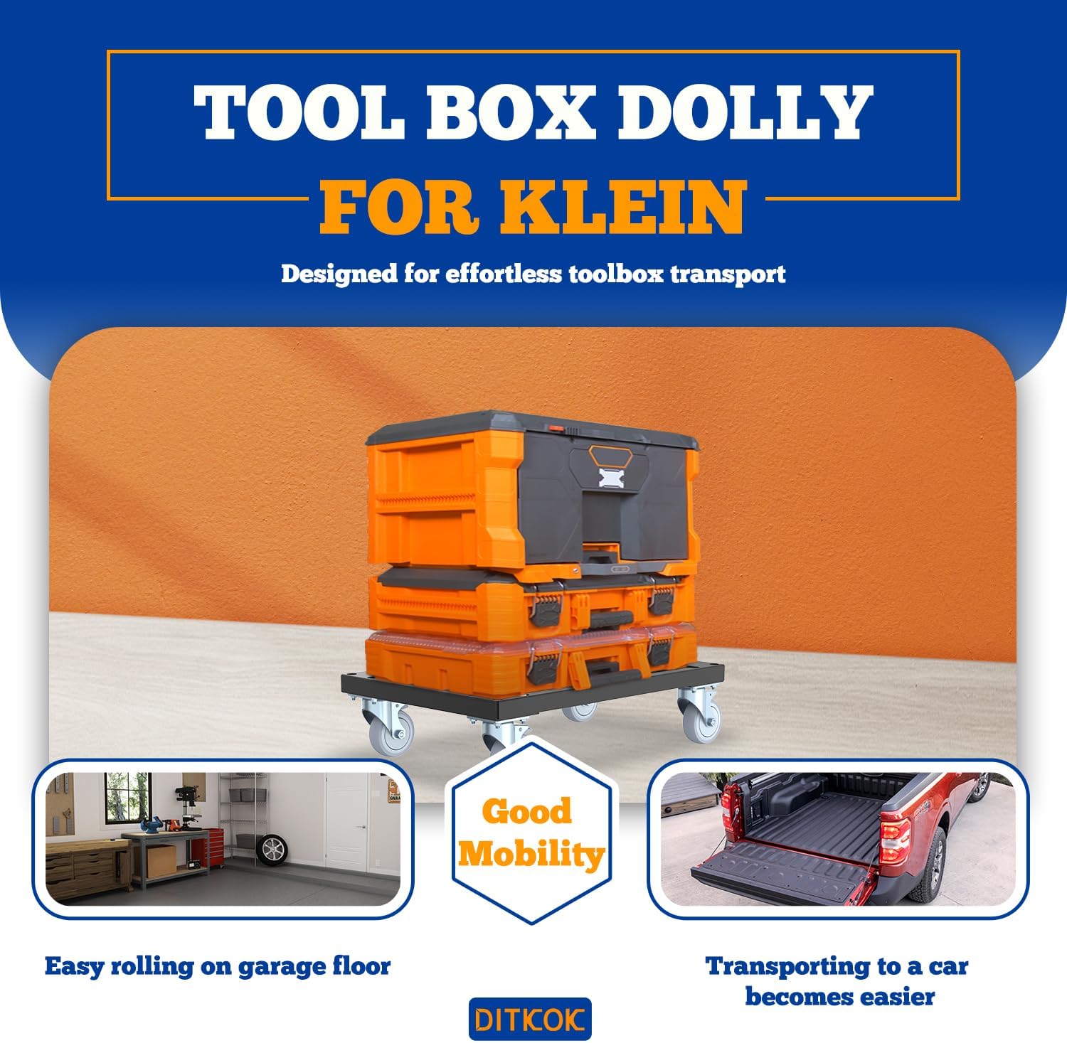 Heavy Duty Metal Dolly for Klein MODbox Storage System, Powder-Coated Tool Box Rolling Cart with 2 Swivel & 2 Locking Casters, Compatible with MODbox Drawer Box, Full-Width & Half-Width Boxes