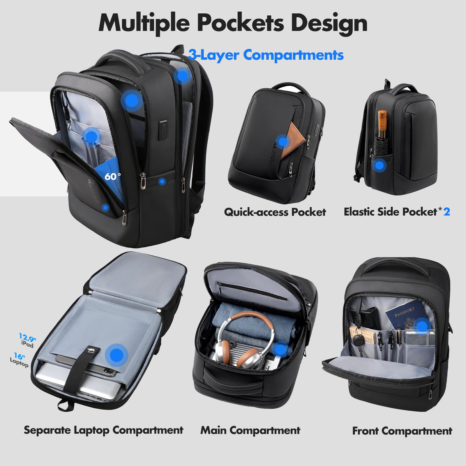 Mochila Expandible 40L para Portátil 16 Pulgadas, Mochila de Viaje Hombre | con USB-C y USB-A, Equipaje de Mano Aprobado Avión, Apertura 180°, Mochila Impermeable Antirrobo Trabajo Negocios, Negro
